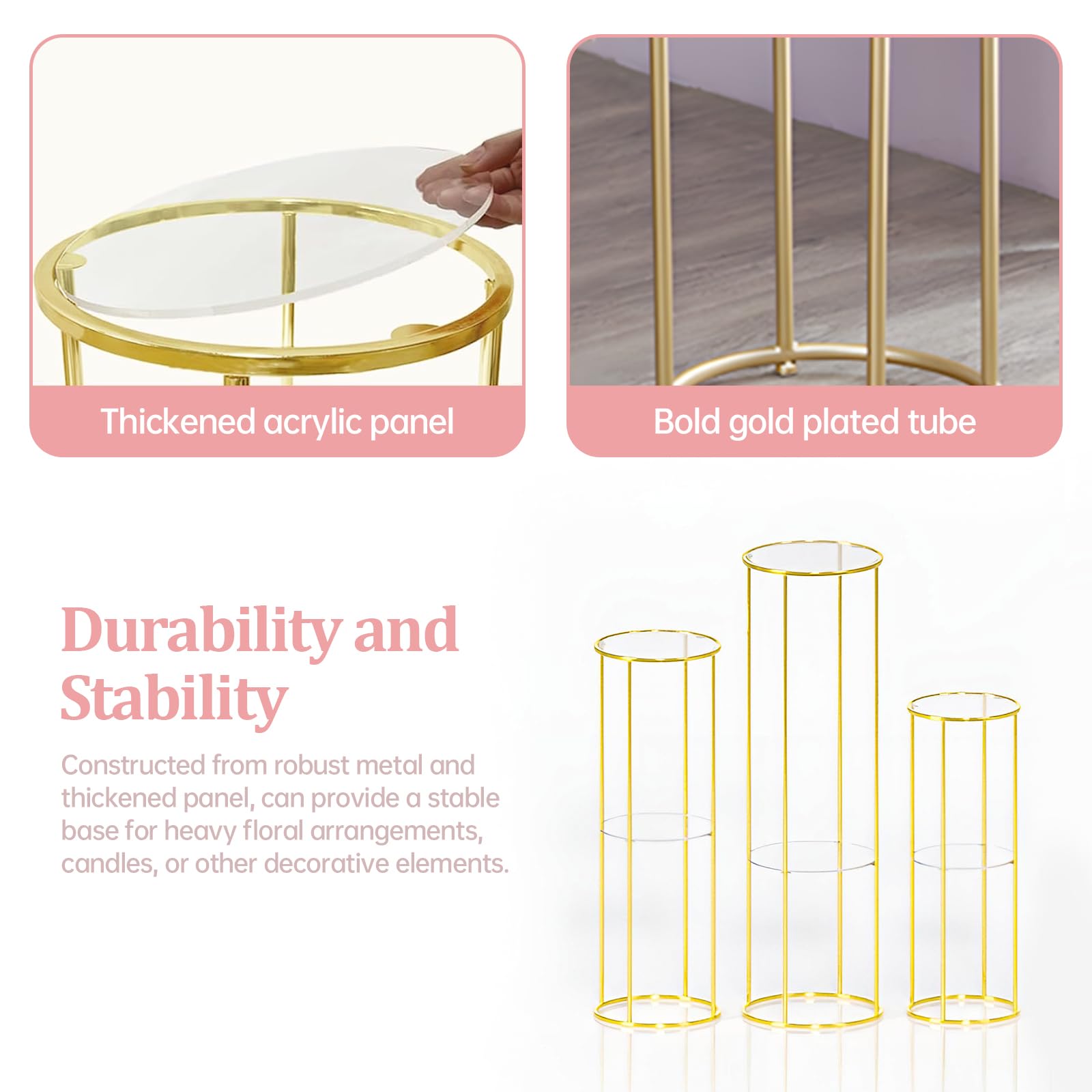 3-Piece Gold Metal Cylinder Stands for Party Display - Double Panel Round Pedestal Table, Plant Stand for Planter Flower - Perfect for Living Room Centerpieces, Wedding Decor & Event Displays