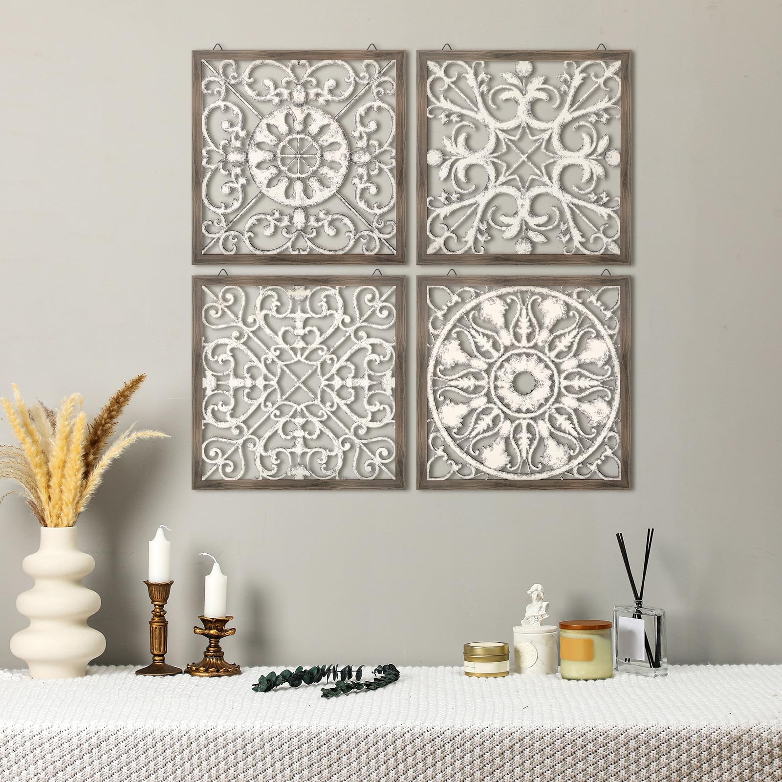 Tatuo 4-Piece Wood Wall Art Decor Set - Farmhouse Style Square Wooden Panels for Modern Home - Brown & White Wall Hangings for Living Room, Kitchen, Dining Room Decor | Perfect for Rustic, Boho & Farmhouse Interior Design