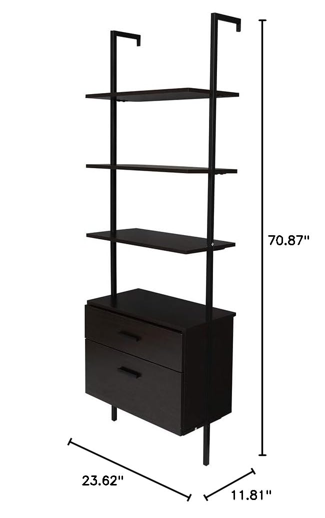 Wall Mounted 3-Tier Wooden Ladder Bookshelf with 2 Drawers - Black Walnut Floating Shelf for Books, Plants & Home Decor | Space-Saving Storage Solution for Living Room, Bedroom & Home Office