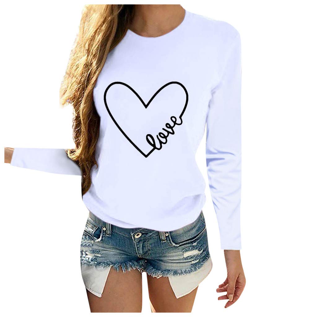 Stylish Women's Casual Long Sleeve O-Neck Letter Print Heart Tops | Cute Blouses for Everyday Wear | Perfect for Office, Dating & Weekend Outfits