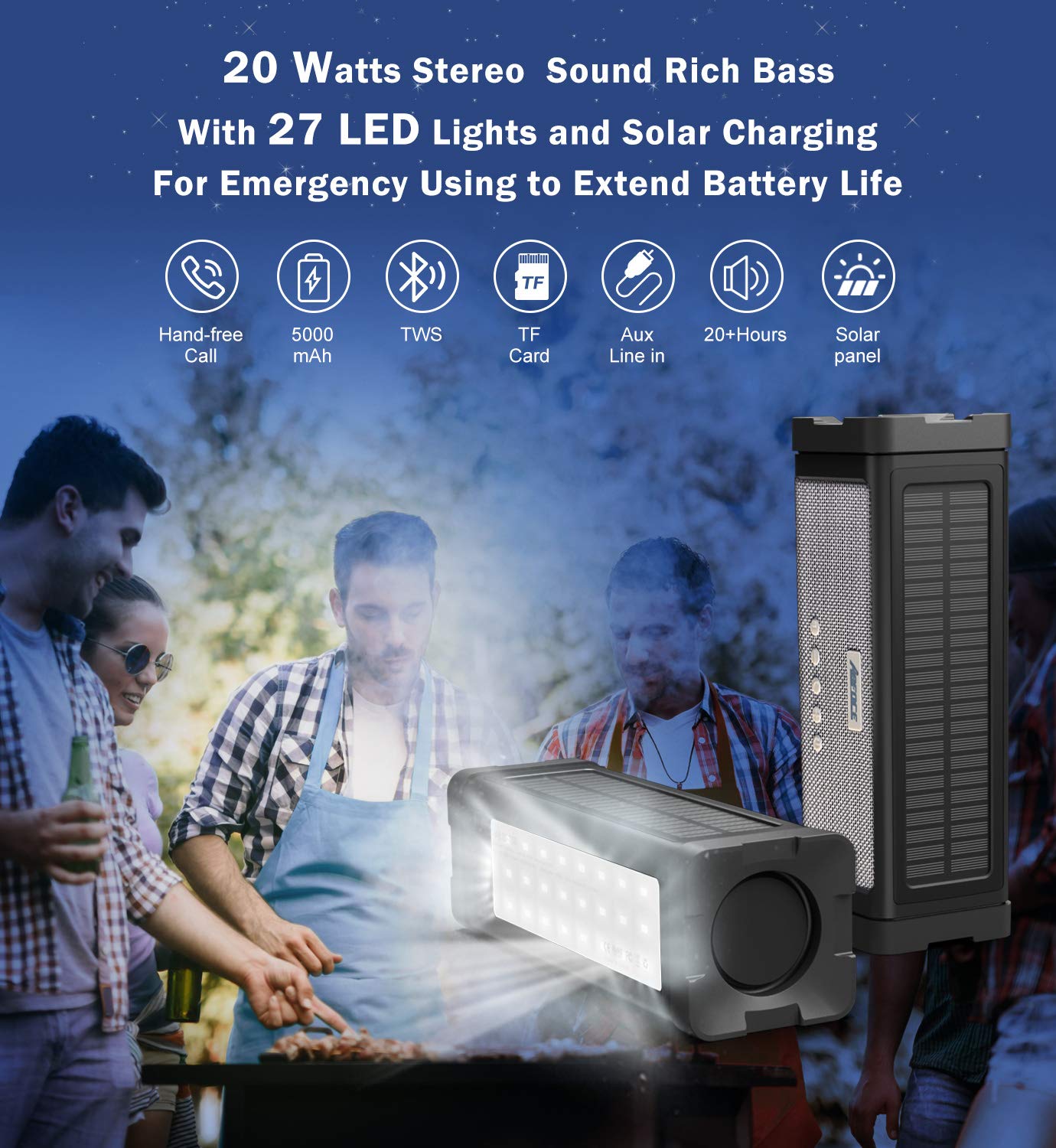 **20W Solar Bluetooth Speaker with 27 LED Lights - IPX7 Waterproof, 5000mAh Battery, Built-in Mic & TF Card Support - Portable Outdoor Shower, Camping, Beach, Pool & Home Use (Black)**