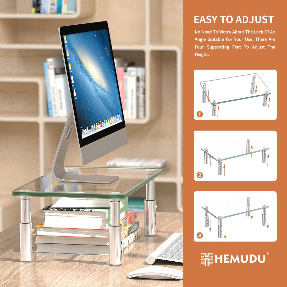 Hemudu Adjustable Height Monitor Stand - 3-Level Ergonomic Monitor Riser for PC, Computer & Laptop, Desktop Organizer with Cable Management - Perfect for Home Office, Gaming Setup & Workspace Organization