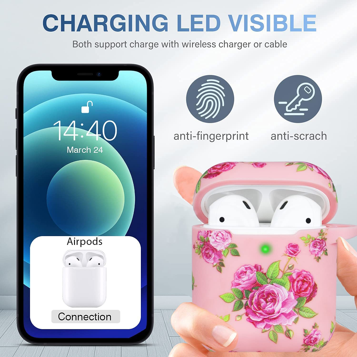 Soft Silicone Flower AirPods Case Cover for Apple AirPods 1 & 2 - Cute Protective Skin with Keychain for Girls & Women (Pink Red Flower) | Perfect for Daily Use, Travel & Gift Giving