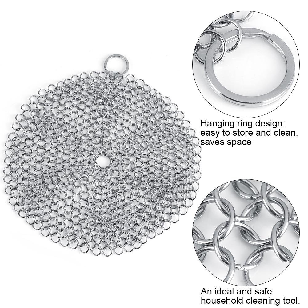 Stainless Steel Rust Proof Scrubber for Cast Iron Skillet, Wok & Pan - 7.09 Inch Anti-Rust Cookware Cleaner with Corner Design - Perfect for Kitchen, Camping & Outdoor Cooking