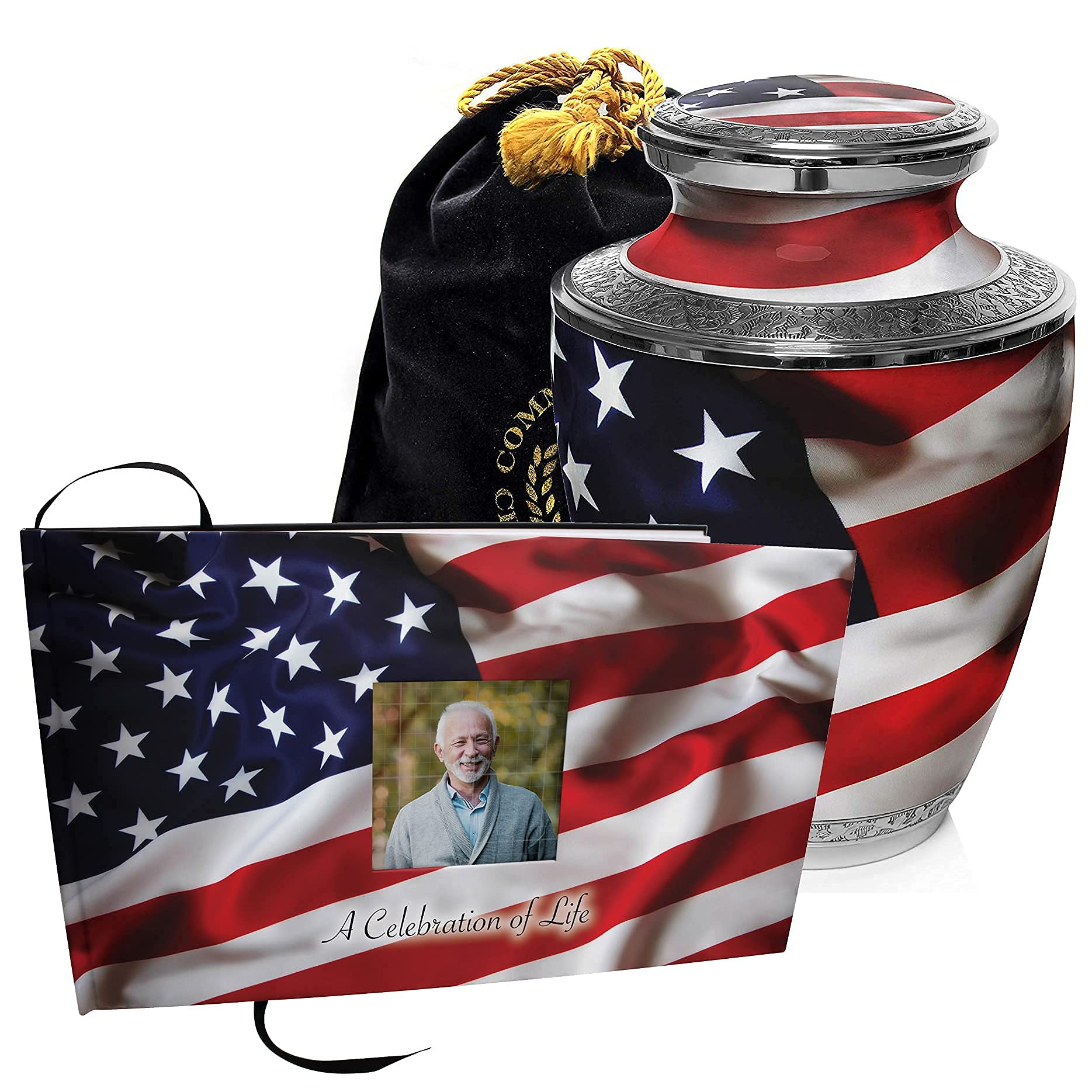 Patriotic American Flag Cremation Urns for Veterans - Memorial Keepsake & Celebration of Life Funeral Guest Book - Perfect for Memorial Services, Military Honors, and Home Decor