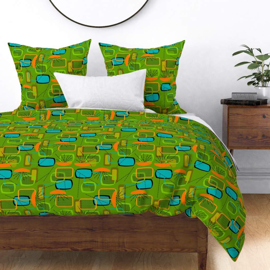 Mid Century Modern Abstract Green Atomic Era Duvet Cover - King/California King Size Cotton Sateen Custom Bedding | Vintage Retro Print for Bedroom Decor