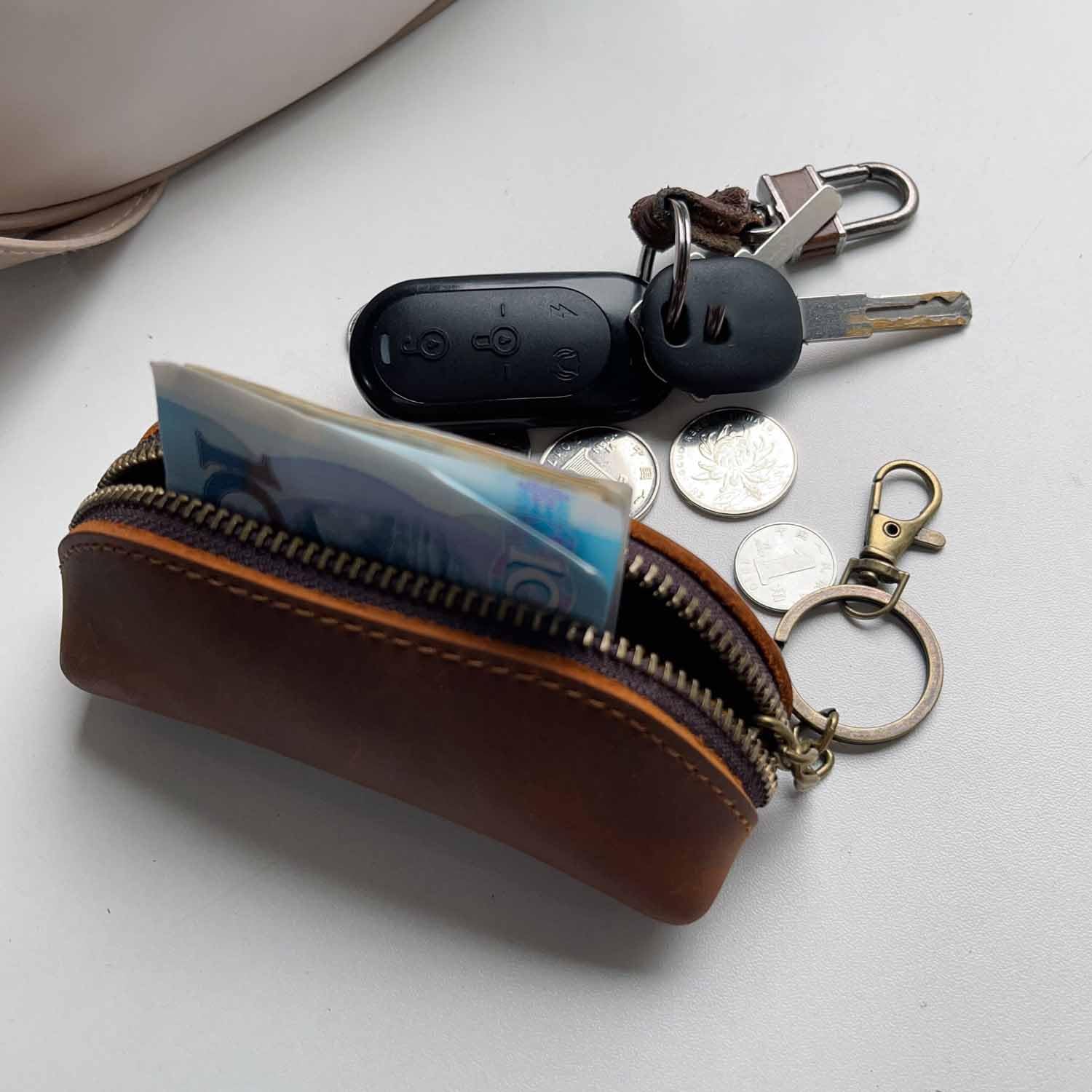Genuine Leather Coin Purse with Metal Hook & Key Ring - Zipper Coin Wallet for Men & Women - Compact Keychain Holder for Cash, Cards & Keys (Brown) - Perfect for Travel, Daily Use & Gift Giving
