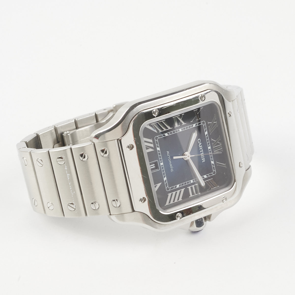 Cartier Santos Watch for Men - Luxury Stainless Steel Dark Navy Dial Automatic Watch - Perfect for Business, Formal Events & Gifting