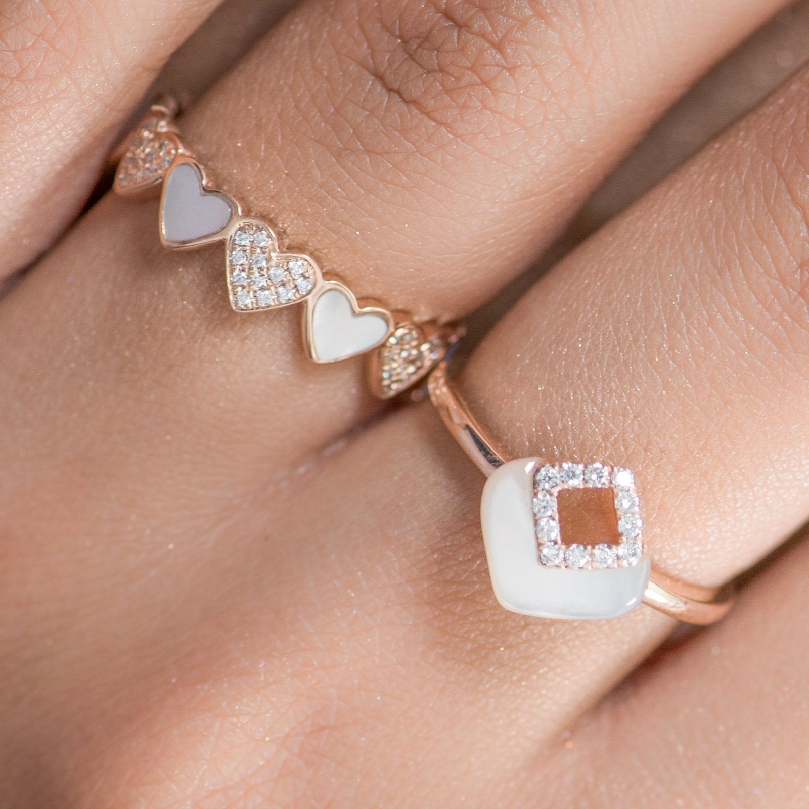14k Rose Gold Diamond and Mother of Pearl Heart Eternity Band Ring - Romantic Wedding, Anniversary, or Valentine's Day Gift for Her