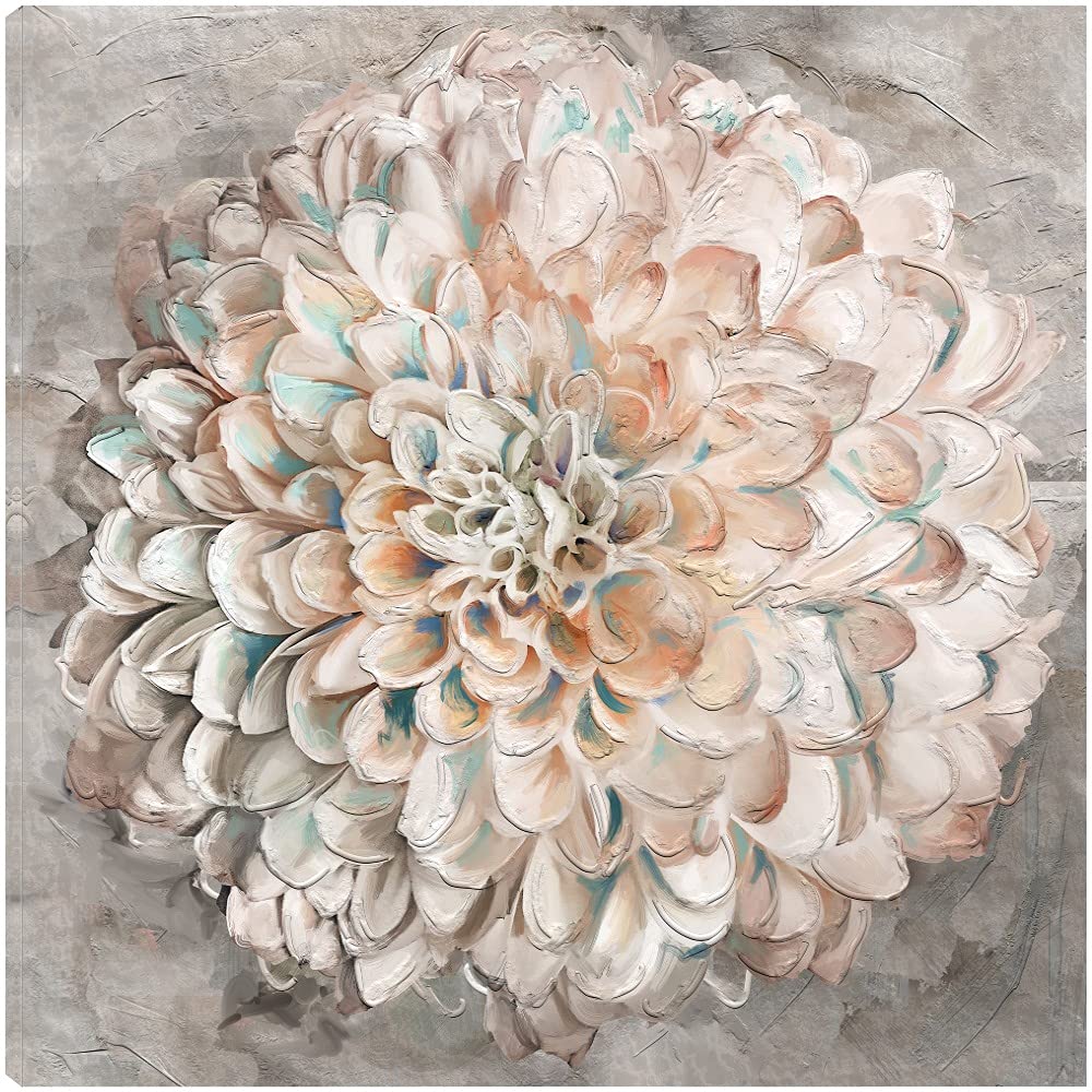 Confetti Dahlia Botanical Canvas Wall Art - 37x37 Inch Handmade Floral Painting for Bathroom & Bedroom Decor - Perfect for Home, Office, or Spa Interior Design