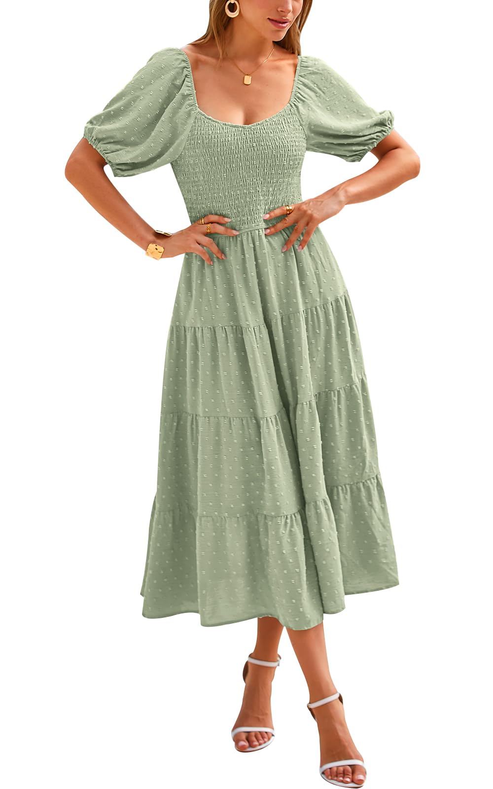 PRETTYGARDEN Women's Spring Summer Floral Chiffon Maxi Dress with Puff Sleeves & V-Neck - Swiss Dot High Waist Tiered Smocked Design for Beach Wedding, Party & Vacation Outfits
