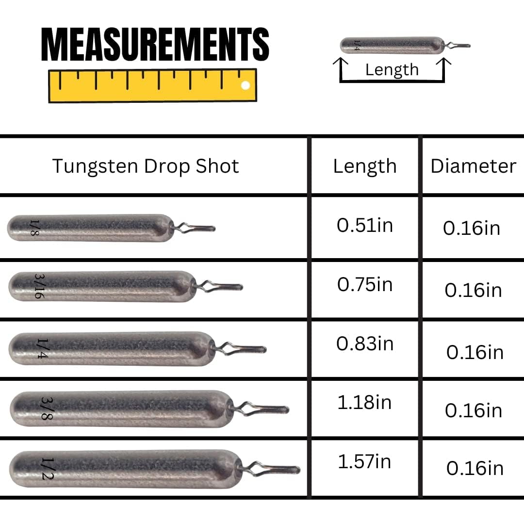 Reaction Tackle Tungsten Drop Shot Weights - Premium Fishing Sinkers for Bass Fishing Dropshot Rigs | Skinny Tungsten Weights with Size Stamped for Freshwater & Saltwater | Perfect for Shore Fishing, Boat Angling, and Tournament Bass Fishing