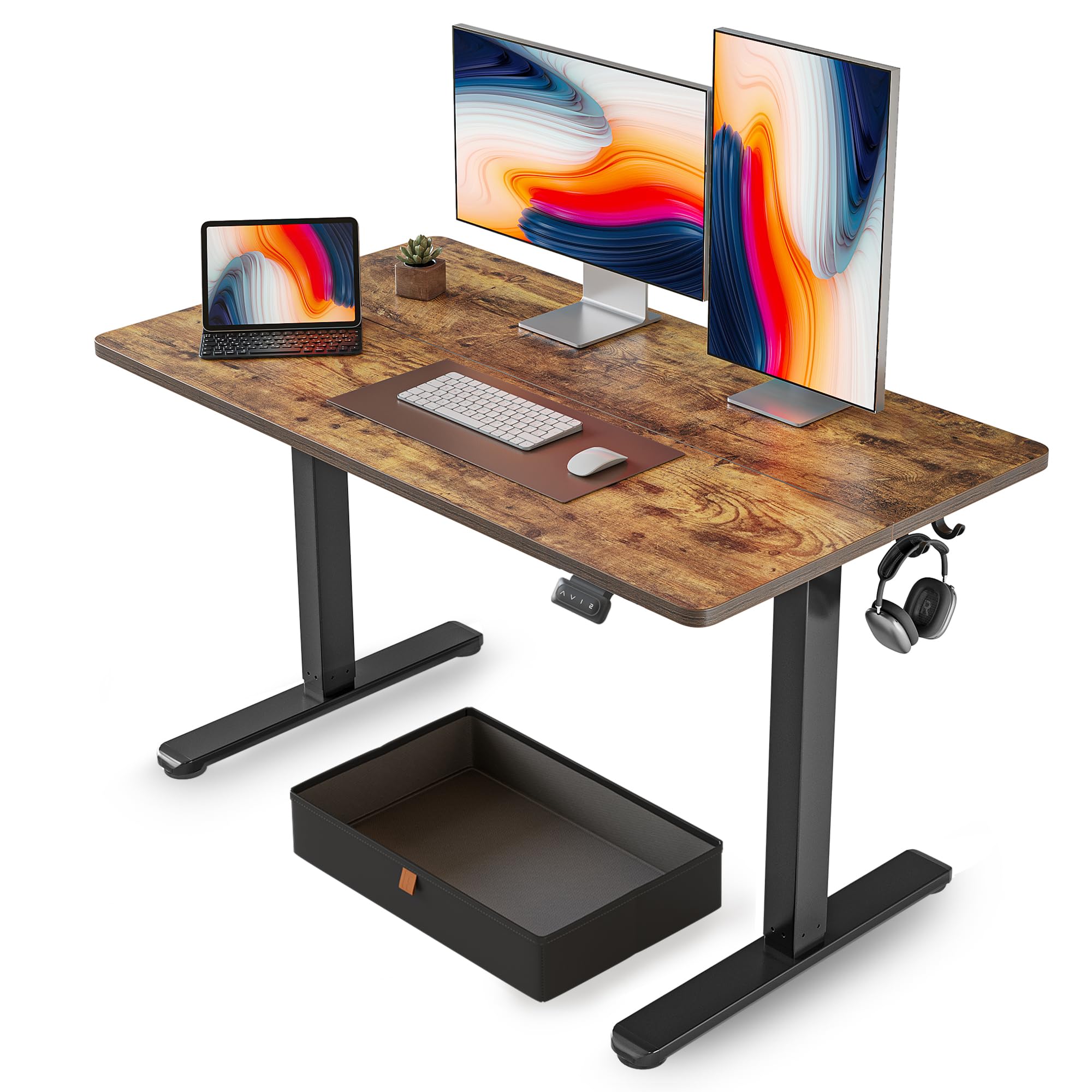 FEZIBO 48 x 24 Inches Electric Standing Desk with Drawer - Adjustable Height Sit Stand Desk with Storage, Ergonomic Home Office Computer Desk in Rustic Brown - Perfect for Remote Work, Gaming & Small Spaces