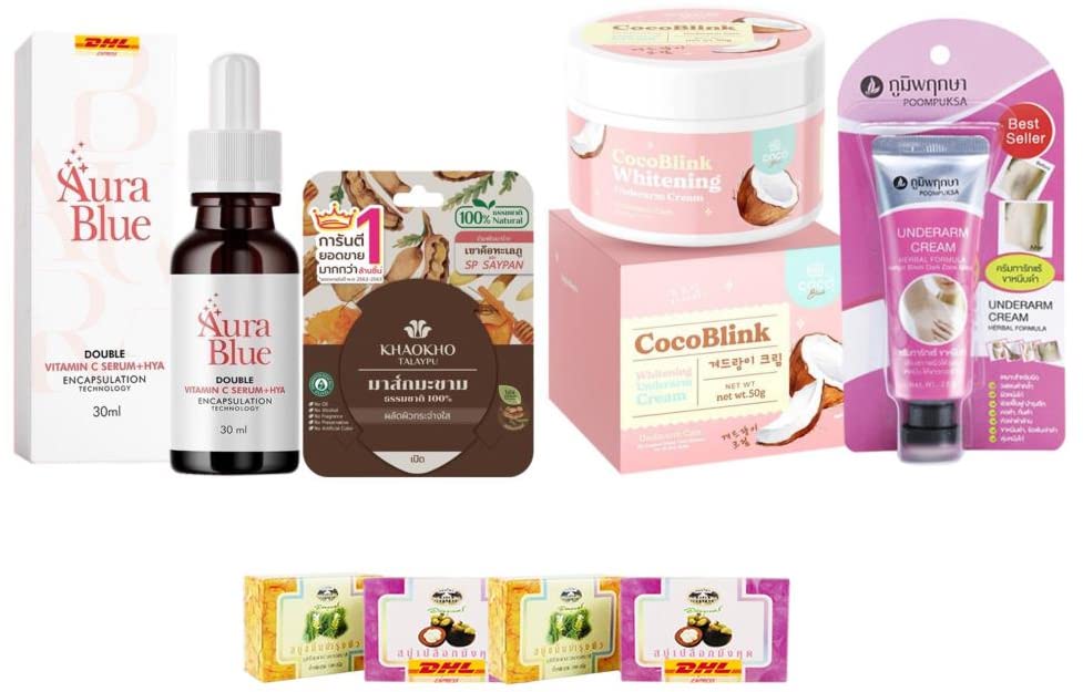 R-2264 Aura Blue Double Vitamin C Serum & Coco Blink Underarm Whitening Cream Set - 100% Original 50g | Brightens Skin, Reduces Dark Spots | DHL Express Shipping by Thaigiftshop | Perfect for Daily Skincare Routine & Nighttime Treatment
