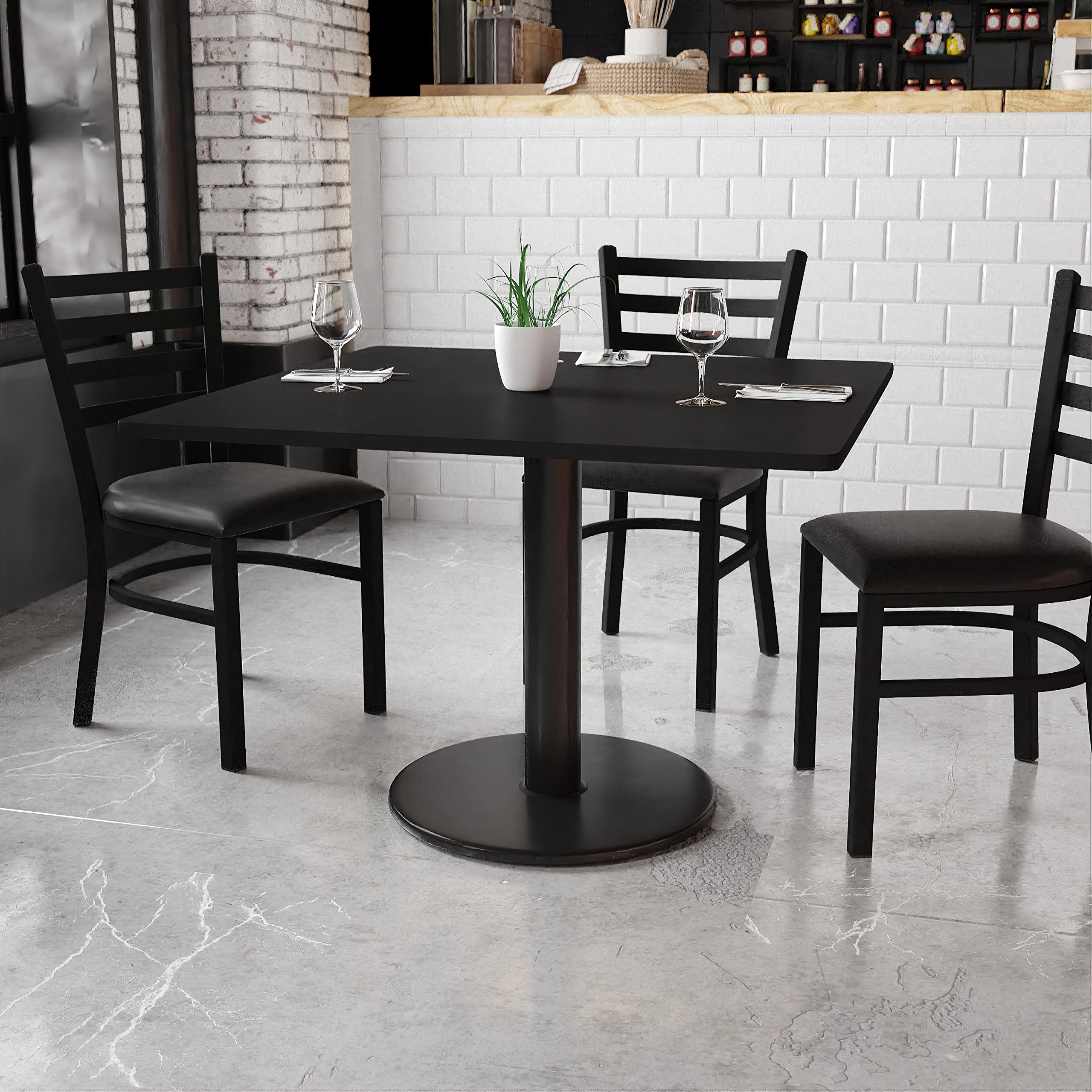 Flash Furniture 42 Inch Square Black Laminate Table Top with 24 Inch Round Base - Perfect for Office, Conference Room, and Home Workspace