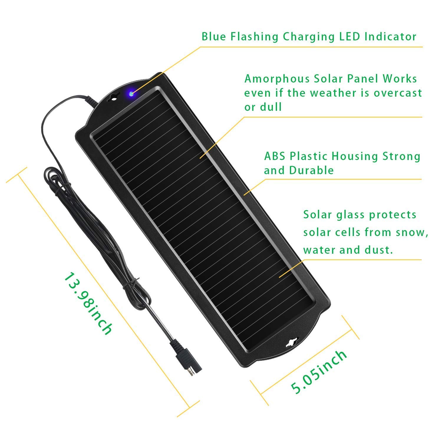 Sunway 12V Solar Car Battery Trickle Charger & Maintainer with Cigarette Lighter Plug & Battery Clamps - Compatible with Cars, Motorcycles, Boats, RVs, Snowmobiles & Watercraft - Ideal for Long-Term Vehicle Storage & Outdoor Adventures
