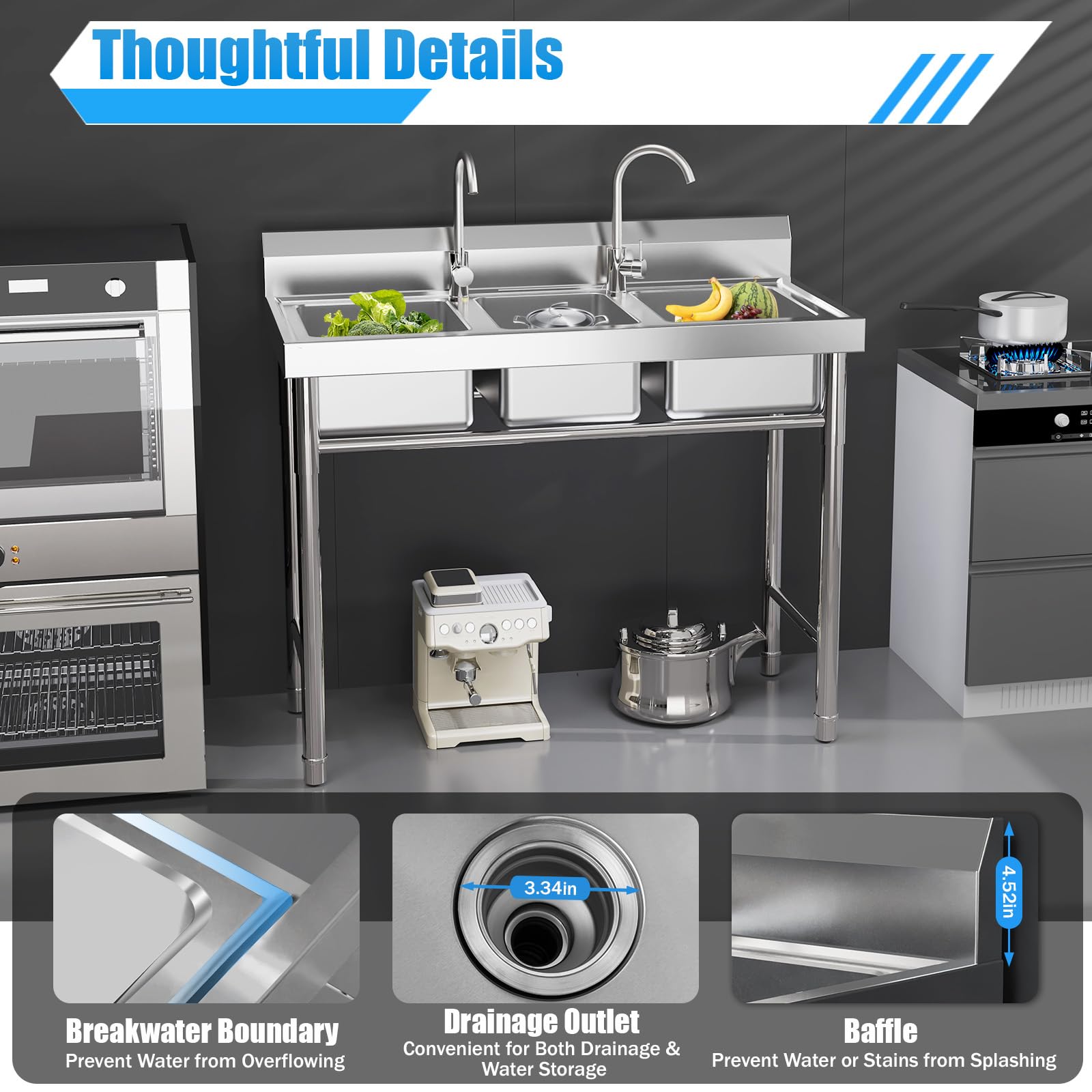 3-Compartment NSF 304 Stainless Steel Commercial Utility Sink with 11