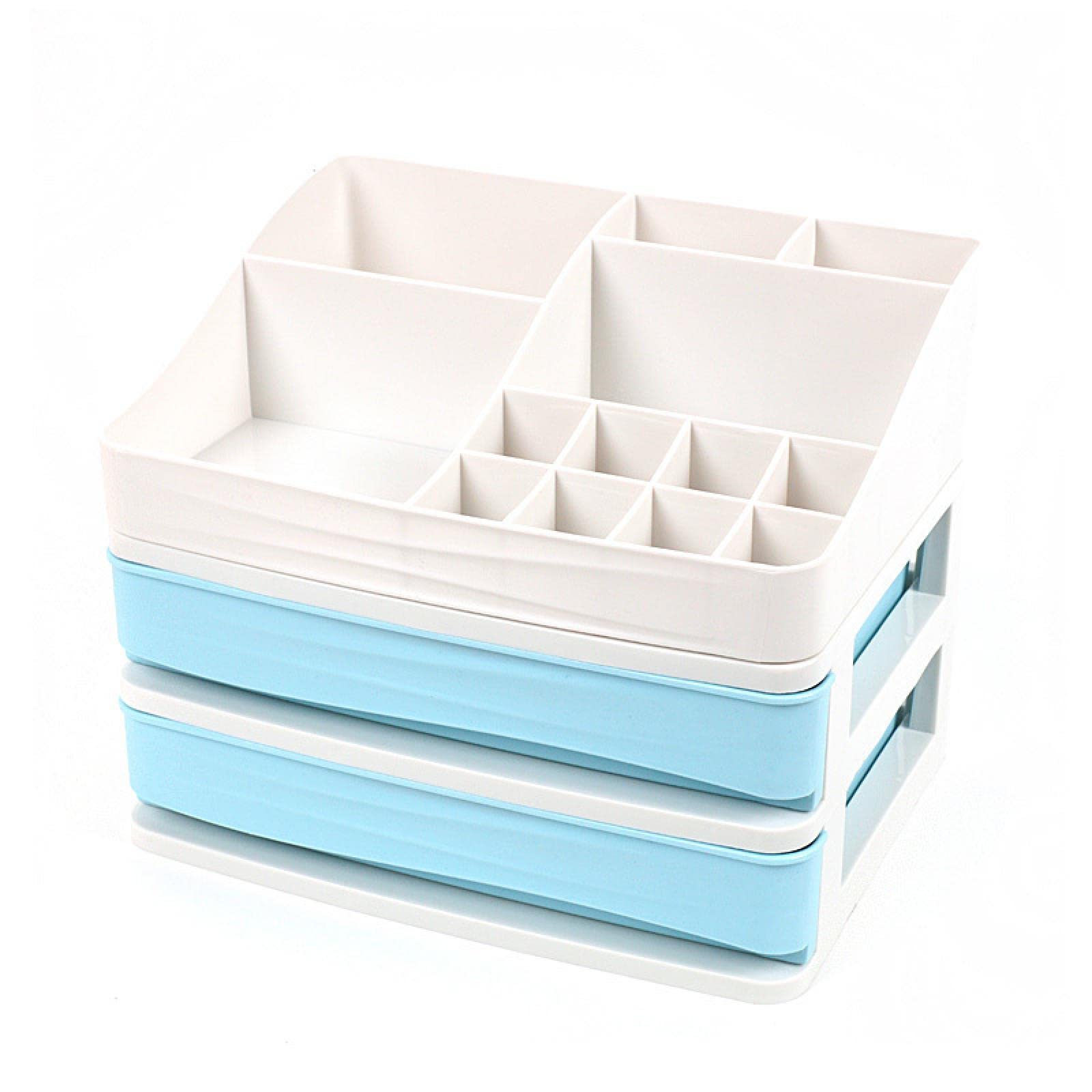 Plastic Cosmetic Organizer Box - 2-Layer Drawer for Jewelry, Nail Polish & Makeup Storage | Desktop Beauty Organizer with Blue Design | Perfect for Vanity, Bathroom & Travel