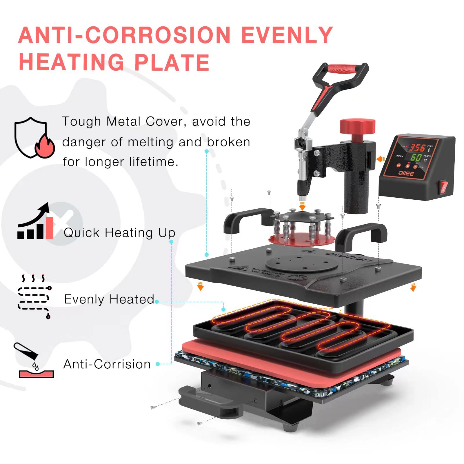 OIIEE 5-in-1 Heat Press Machine Combo - 12x15 Inch Digital T-Shirt Printer with 360° Swing Away, Sublimation Heat Transfer for Shirts, Mugs, Hats & Plates | Perfect for DIY Custom Apparel, Personalized Gifts & Small Business Printing