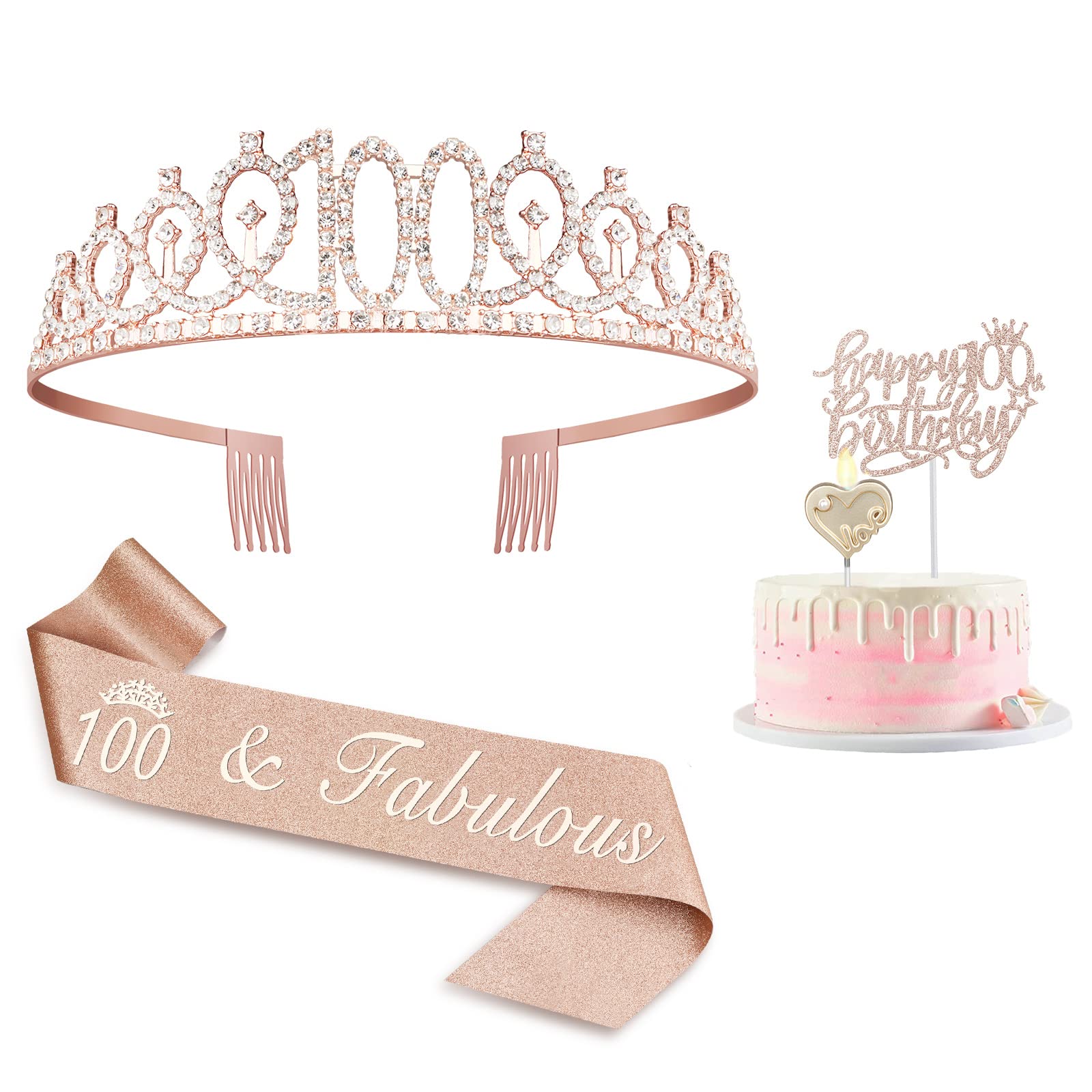 100th Birthday Party Decorations for Women - Gold Crown, Tiara, Sash, Cake Topper & Candles - Centennial Celebration Supplies - Perfect for Milestone Birthday Parties, Retirement Celebrations & Family Gatherings