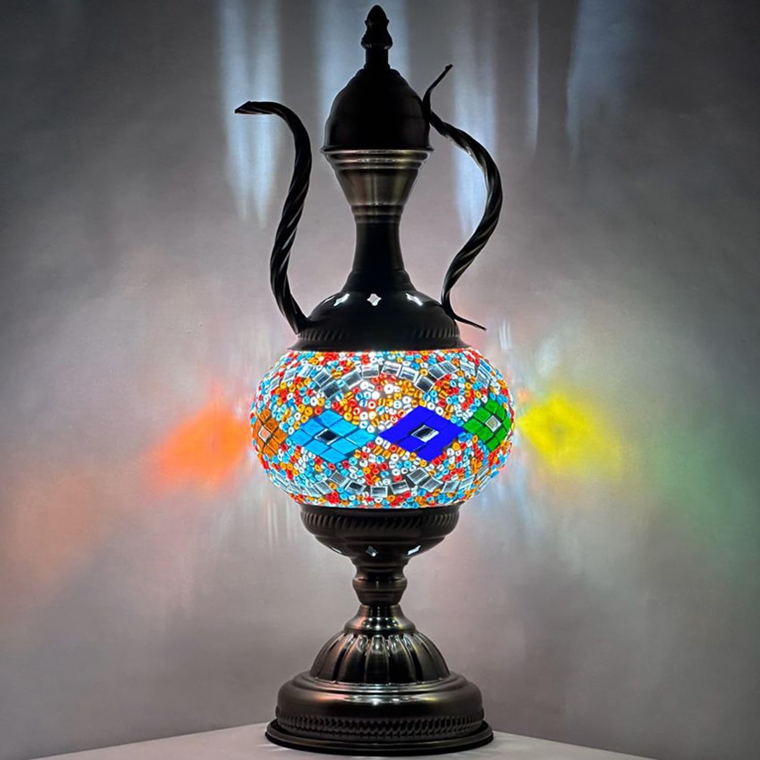 Silverfever Mosaic Turkish Teapot Lamp with Moroccan Glass & Bronze Base - E12 Bulb Included - Perfect for Table, Desk, Bedside & Boho Home Decor (Wave Natural Pattern)