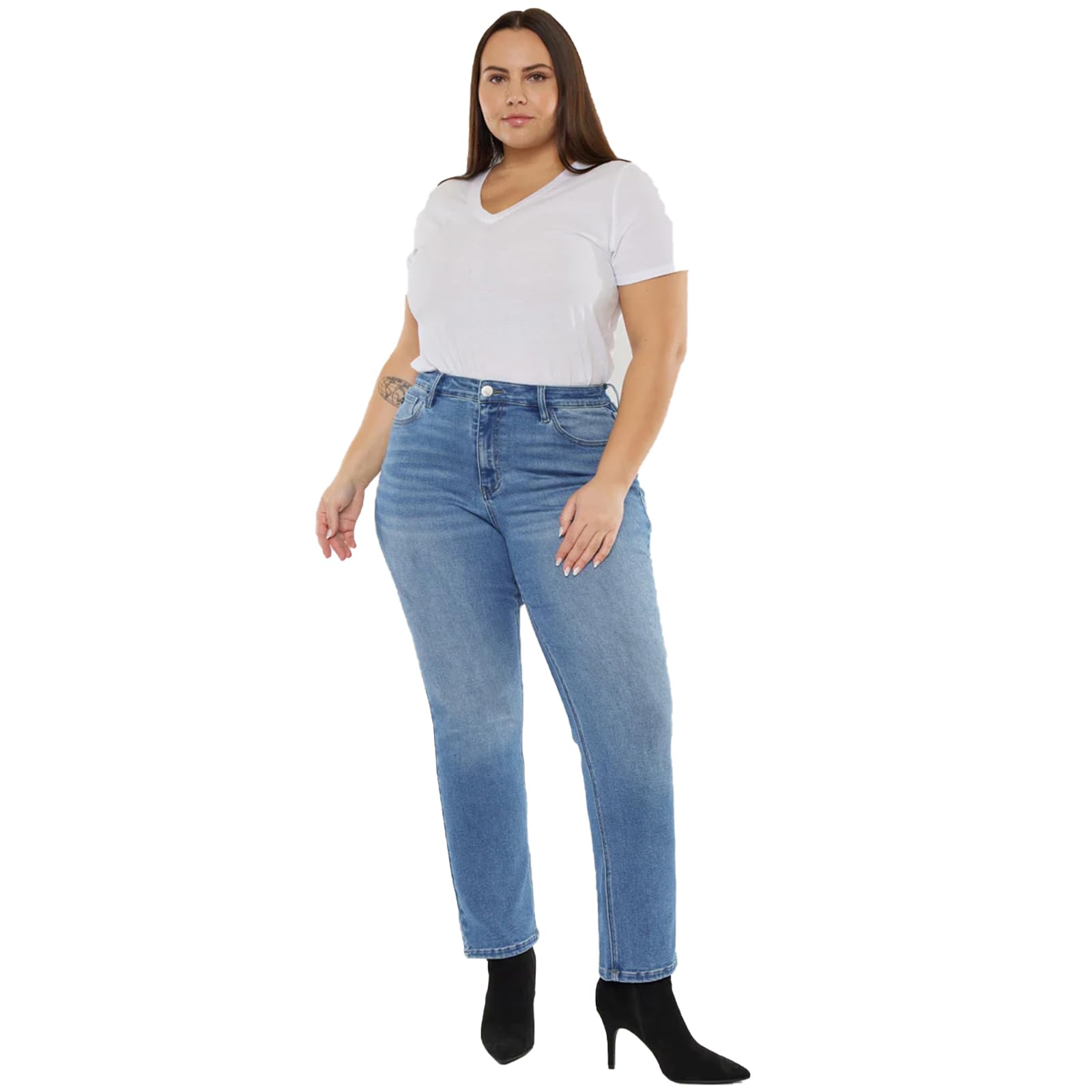 LEIJIJEANS Women's Plus Size Straight Leg Jeans - Blue Stretchy Slim Fit High Waist Denim Pants for Curvy Women | Perfect for Casual Wear, Office & Date Nights