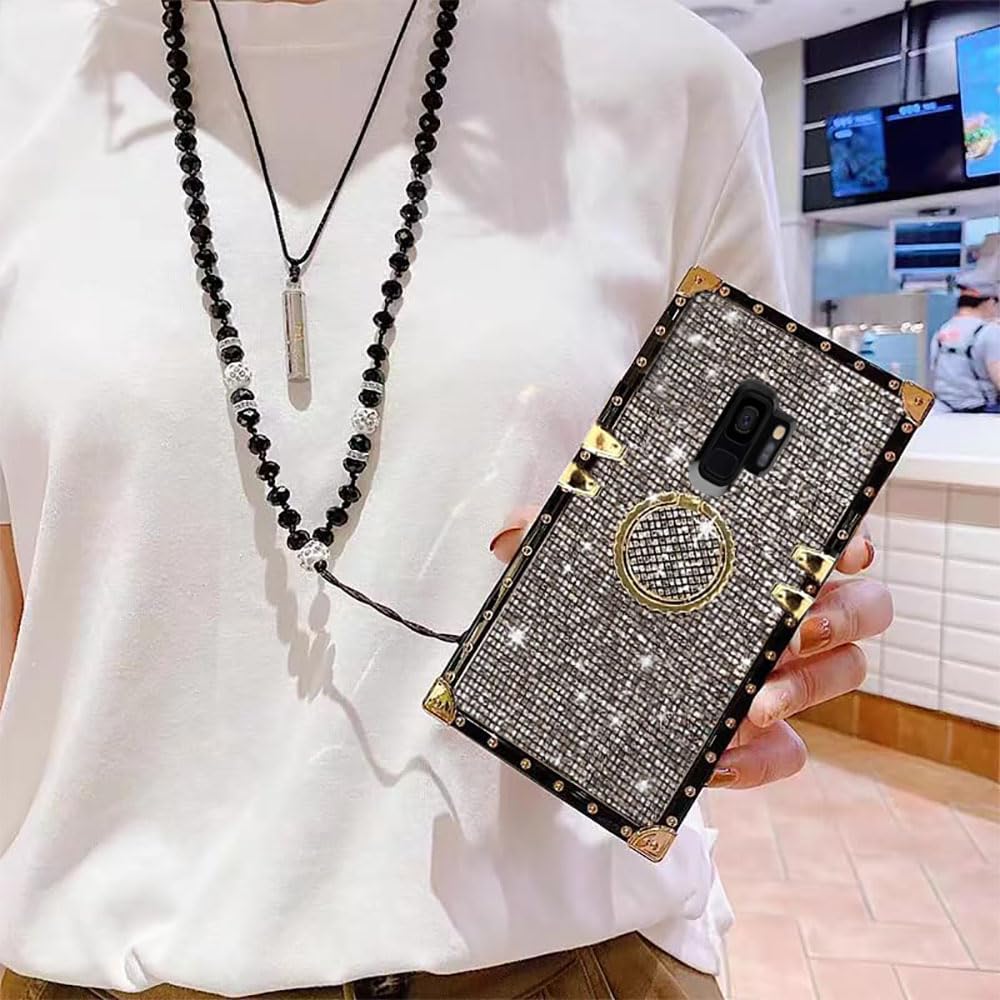 Luxury Bling Glitter Sparkle Cute Gold Corner Soft Shock-Absorption Phone Case Cover with Strap for Samsung Galaxy S9 Plus - Black | Perfect for Parties, Travel & Everyday Protection