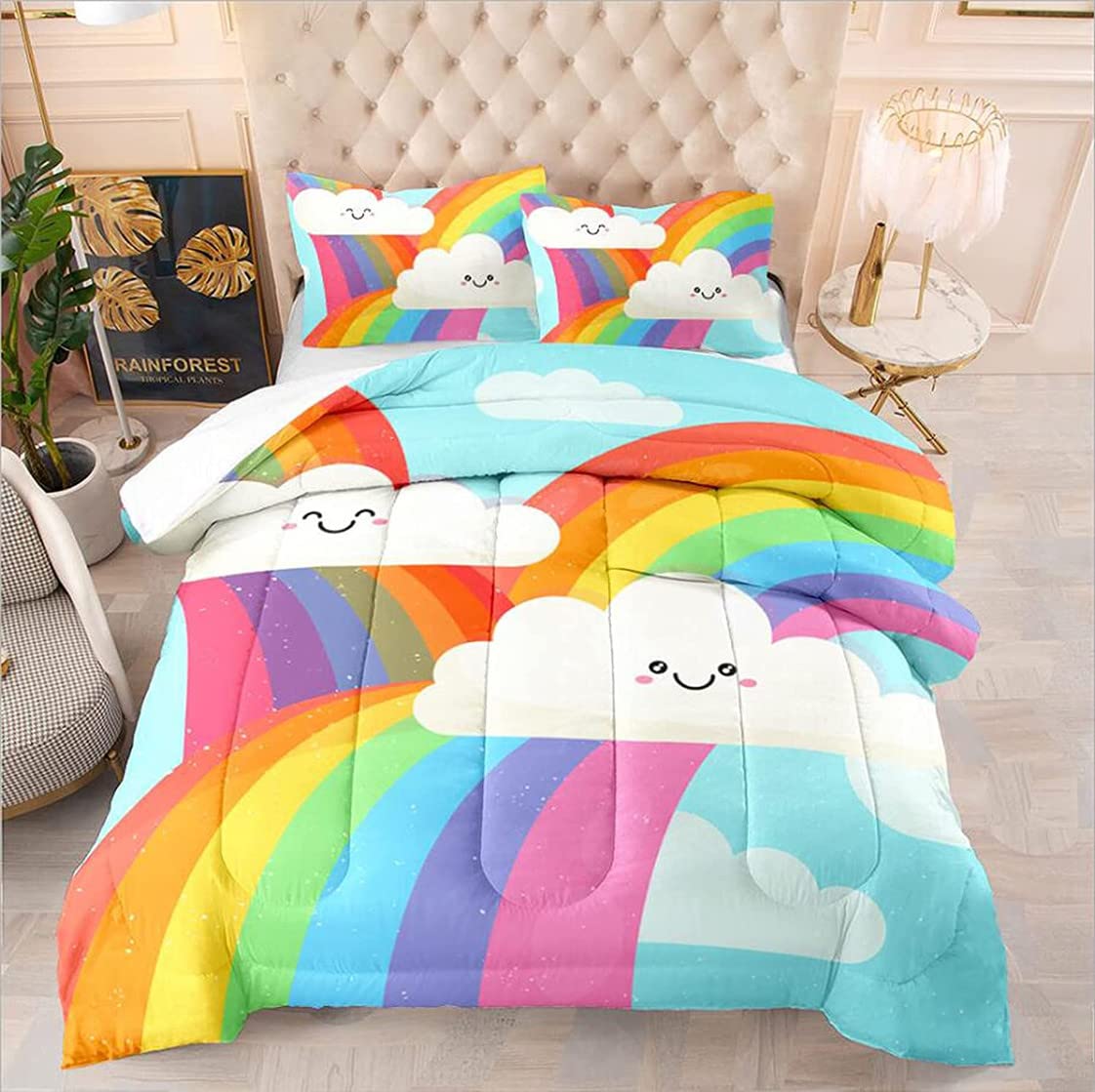 EDUMEYA Cartoon Rainbow Stripes Bedding Set - Kawaii Clouds Comforter for Kids & Teens - Full Size Colorful Quilted Set (1 Comforter + 2 Pillowcases) - Perfect for Girls' & Boys' Bedrooms, Dorm Rooms & Sleepovers