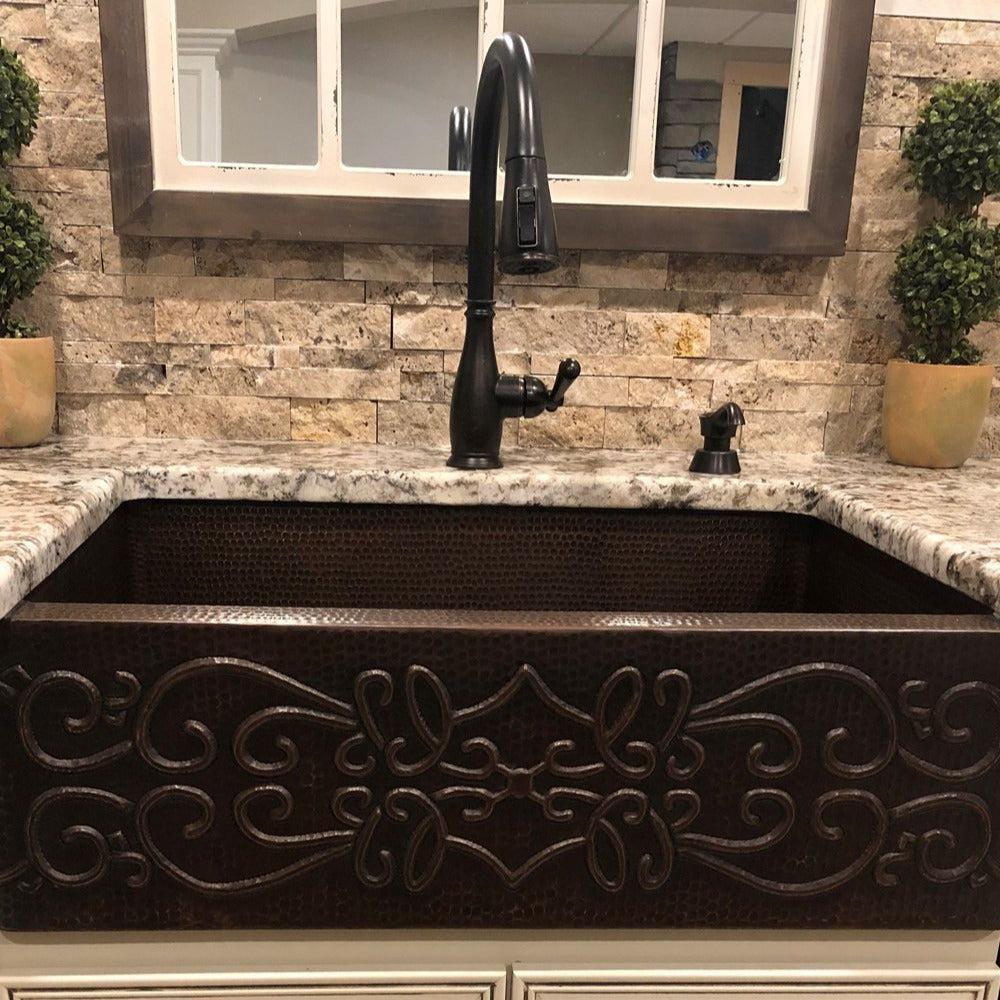 Premier 30-Inch Copper Apron Front Single Basin Kitchen Sink with Scroll Design, Hammered Finish - Perfect for Farmhouse, Rustic & Vintage Style Kitchens (KASDB30229S)