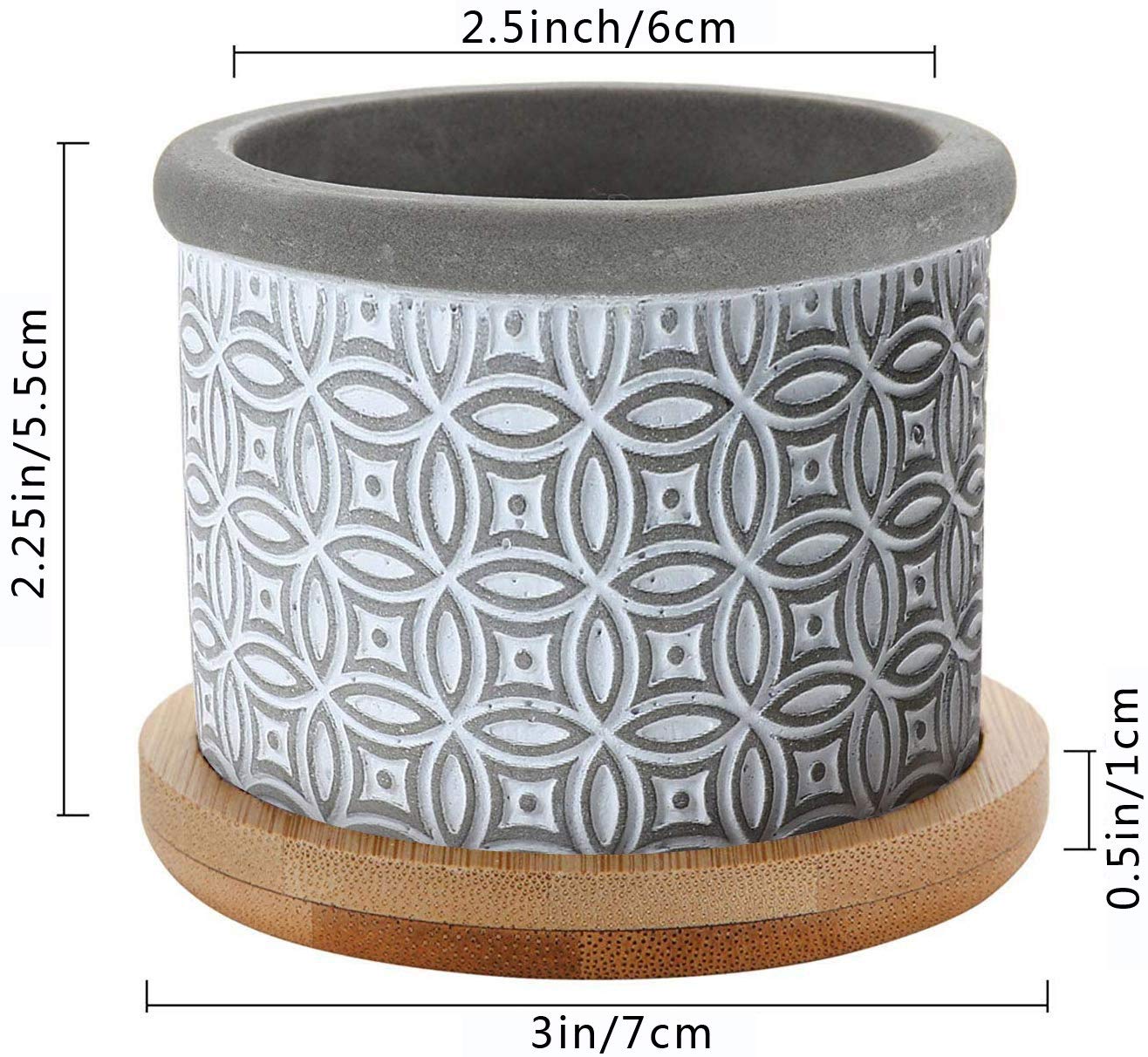 T4U 2.5 Inch Grey Cement Succulent Planter Pots with Bamboo Tray - Set of 3 Small Concrete Cactus & Herb Planters for Home, Office, Window Decor - Perfect for Gardening Gifts, Birthday Presents & Indoor Plant Displays