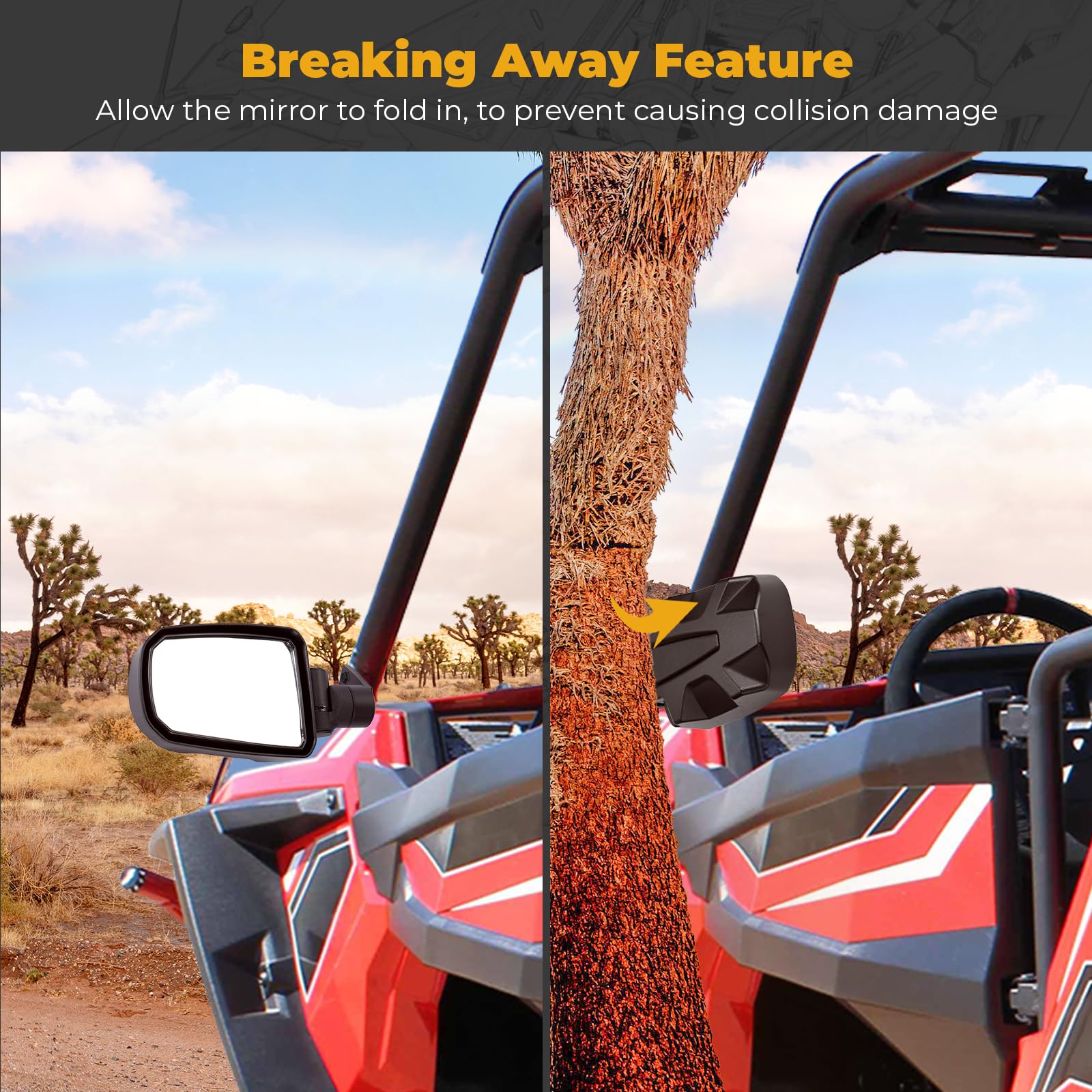 KEMIMOTO Adjustable Folding Aluminum UTV Side Mirrors - Compatible with 2014-2023 Polaris RZR XP 900/1000 Turbo Trail - Durable Bolt-On Clamp Mount Accessories for Off-Road Adventure & Trail Riding