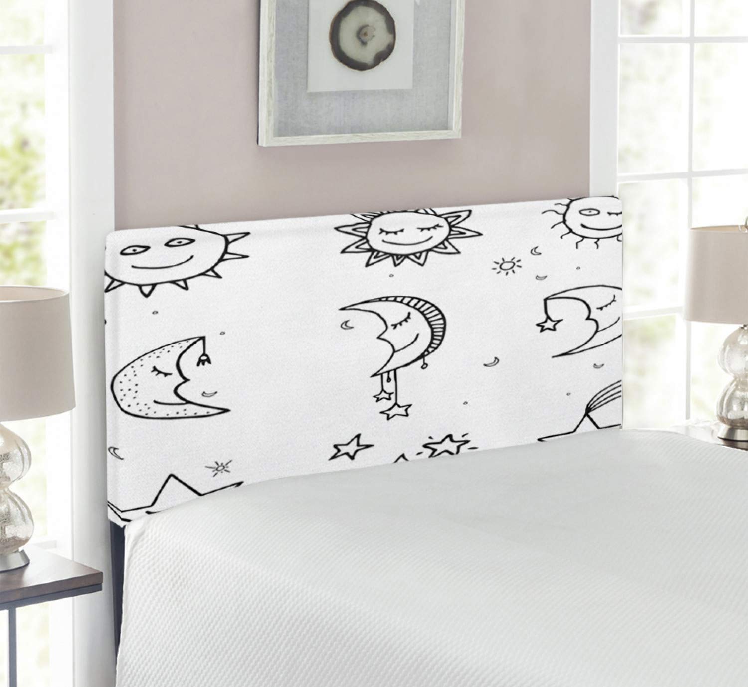 Ambesonne Sketchy Headboard - Hand Drawn Sun Moon Stars Design, Upholstered Metal Bed Headboard with Memory Foam, Twin Size Black & White - Perfect for Bedroom Decor & Space-Themed Rooms