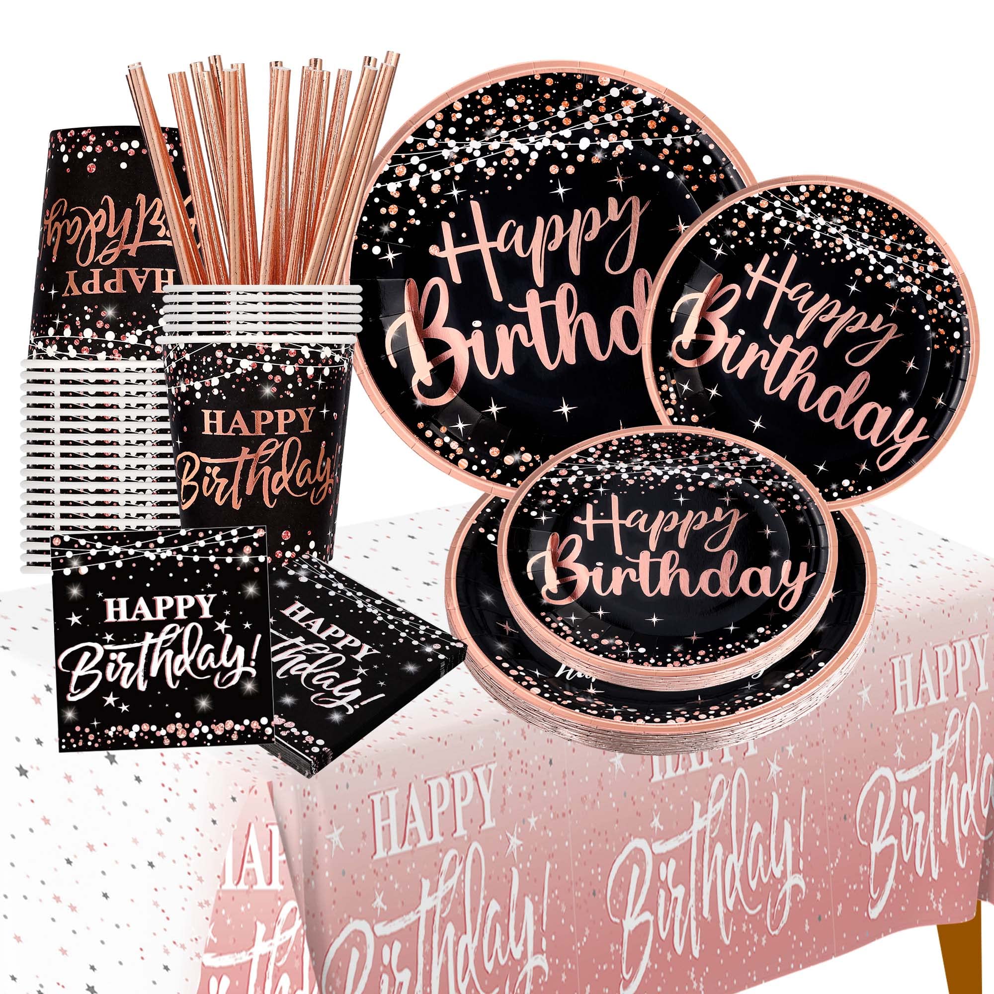 Rose Gold Happy Birthday Party Decorations for Women - 121pcs Disposable Tableware Set (Plates, Napkins, Cups, Straws, Tablecloth) for 24 Guests - Perfect for Birthday Parties, Bridal Showers & Special Celebrations