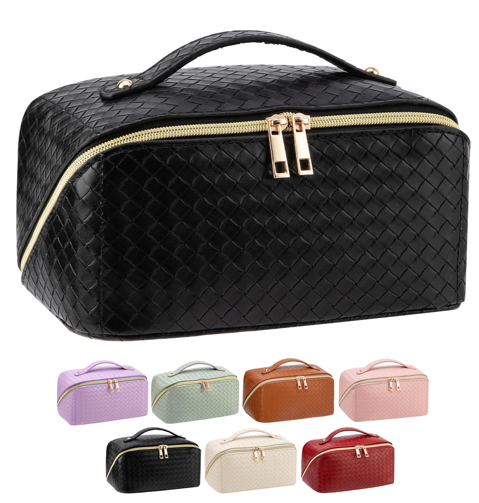 Large Capacity Waterproof Travel Makeup Bag for Women - Portable Cosmetic Organizer with Multiple Compartments, Foldable Flat Lay Design for Easy Access - Perfect for Toiletries, Beauty Essentials & On-the-Go Makeup (Black) - Ideal for Travel, Gym, Vacation & Daily Use
