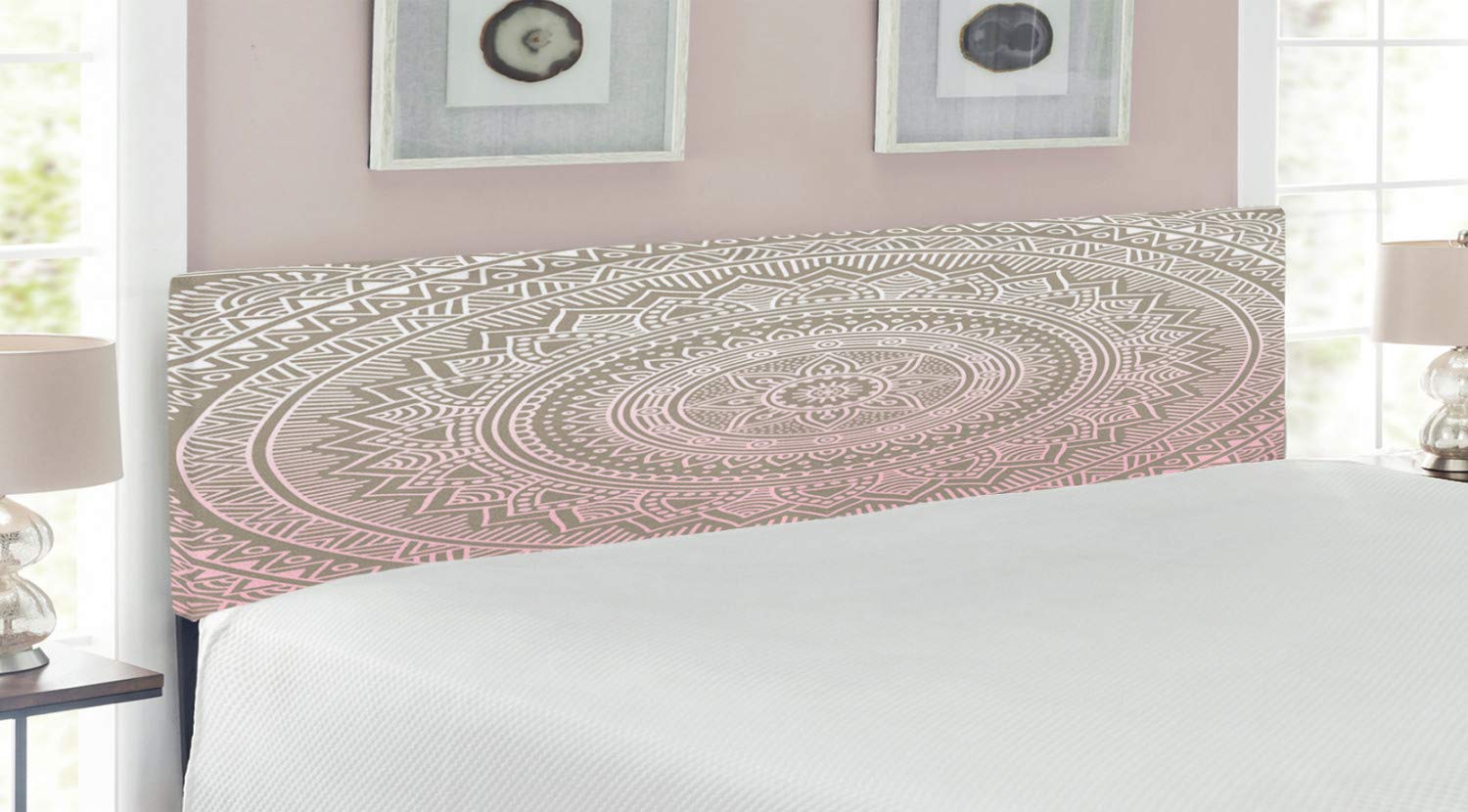 Ambesonne Mandala Upholstered Headboard King Size - Abstract Floral Design with Memory Foam, Inspired by Native South East Folklore (Pale Pink/White/Beige) - Perfect for Bohemian & Eclectic Bedroom Decor