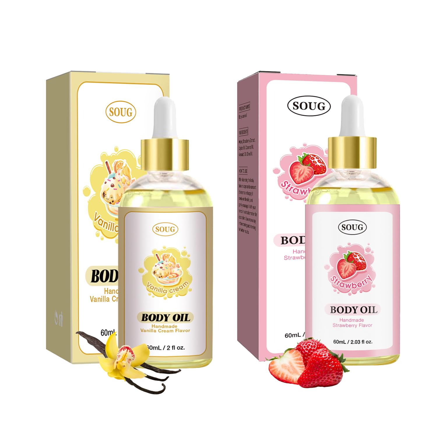 Vanilla & Strawberry Body Oil for Women - 2PCS Natural Handcrafted Moisturizing Oil for Dry Skin | After Shower Hydration | Perfect for Massage, Spa & Daily Skincare Routine