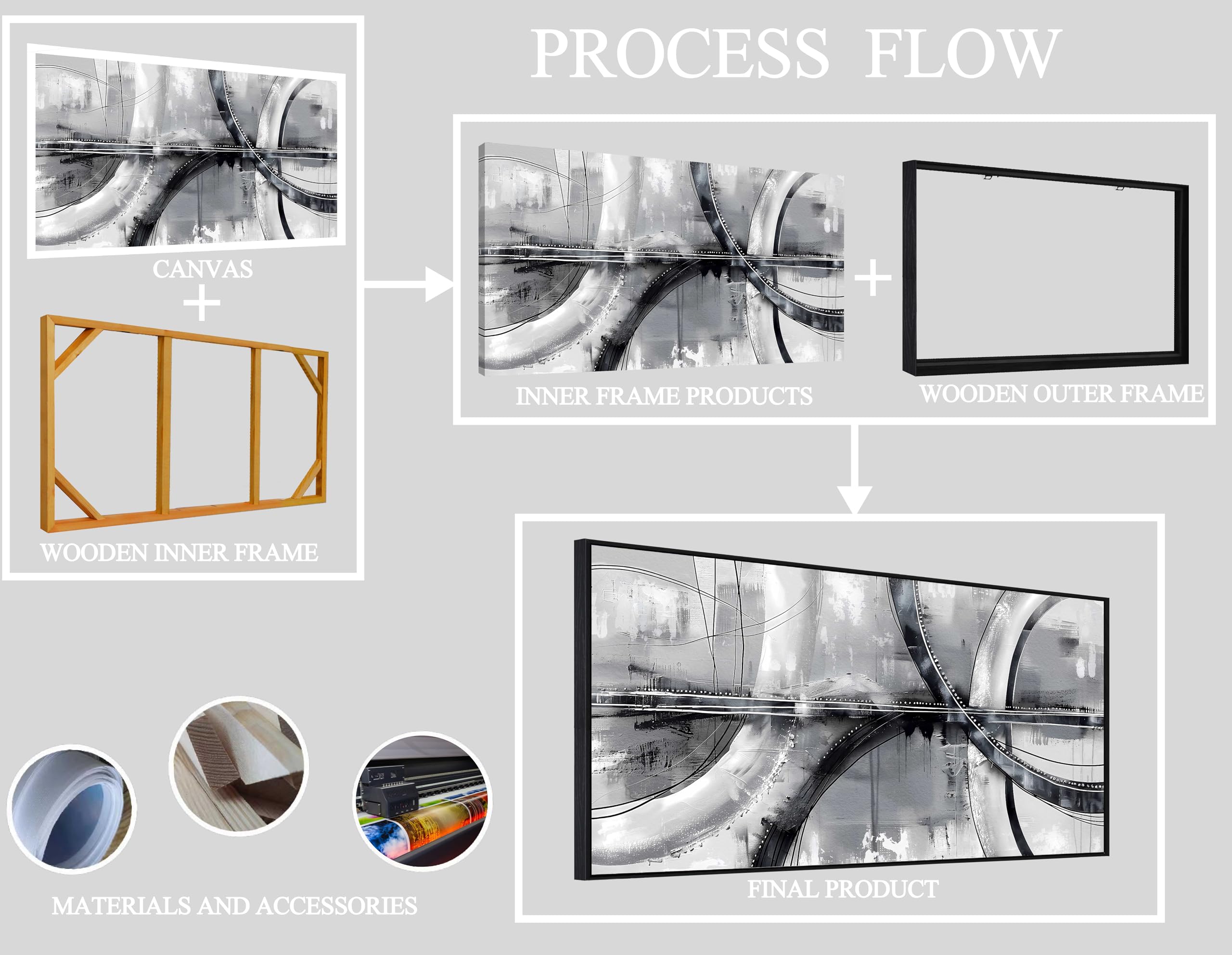 Abstract Black and White Framed Wall Art - Modern Grey Painting for Bedroom, Living Room & Office Decor - 24x48 Inch Canvas Artwork - Perfect for Gallery Walls & Home Interior Design