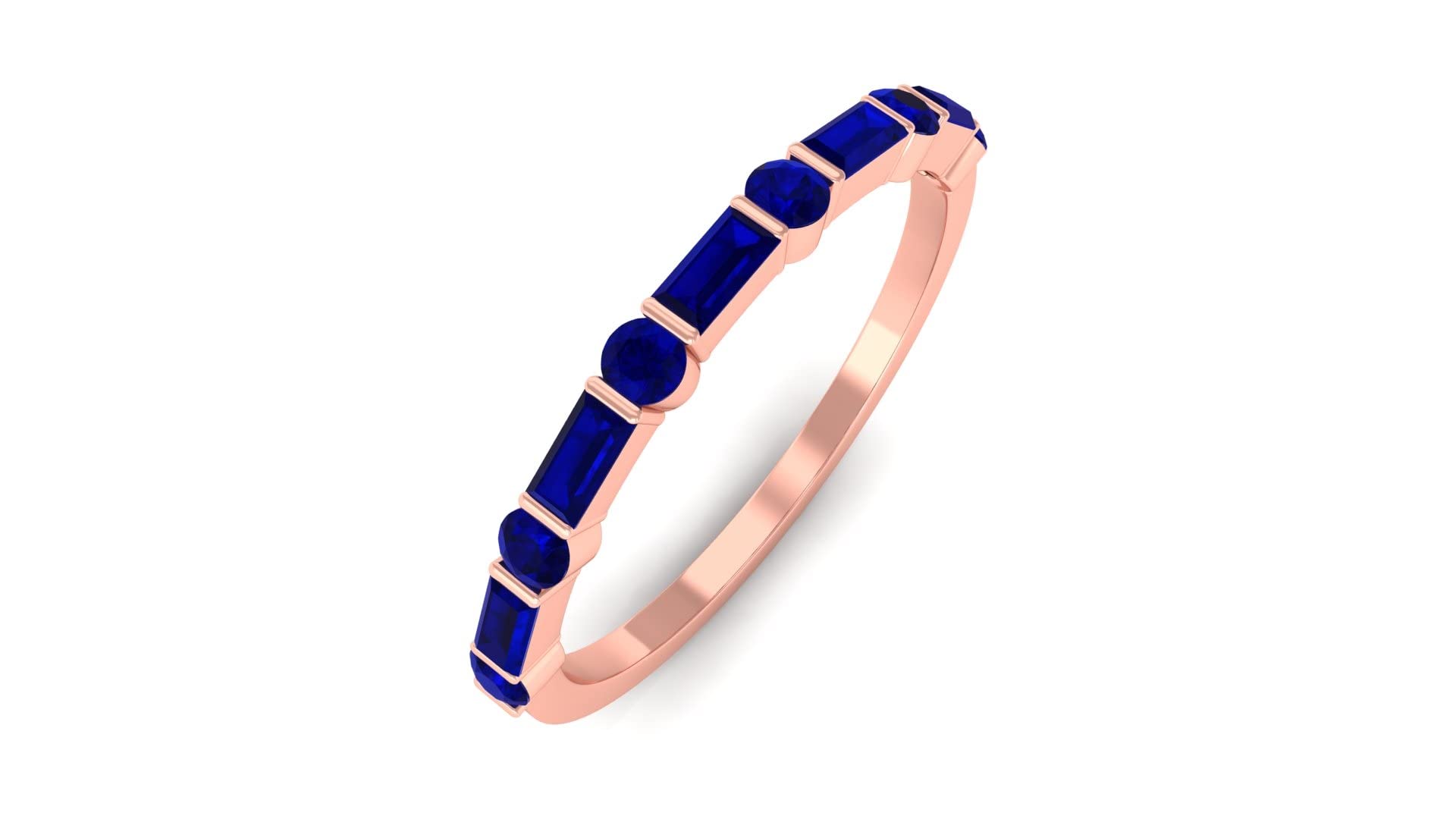14K Solid Gold Created Blue Sapphire Half Eternity Ring - Baguette & Round Cut Bar Set Semi Eternity Band | Perfect for Anniversaries, Engagements & Special Occasions