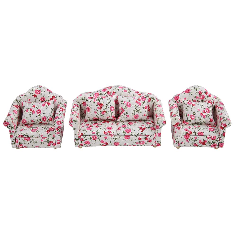 1/12 Scale Miniature Dollhouse Sofa Set with Back Cushions - Small Flower Clusters Design for Doll House Furniture | Perfect for Dollhouse Decor, DIY Miniature Projects & Collectible Displays
