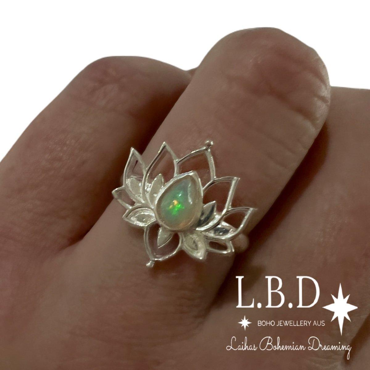 Laihas Opulent Lotus Flower Opal Ring – Elegant Handmade Silver Jewelry for Women, Perfect for Weddings, Parties & Special Occasions