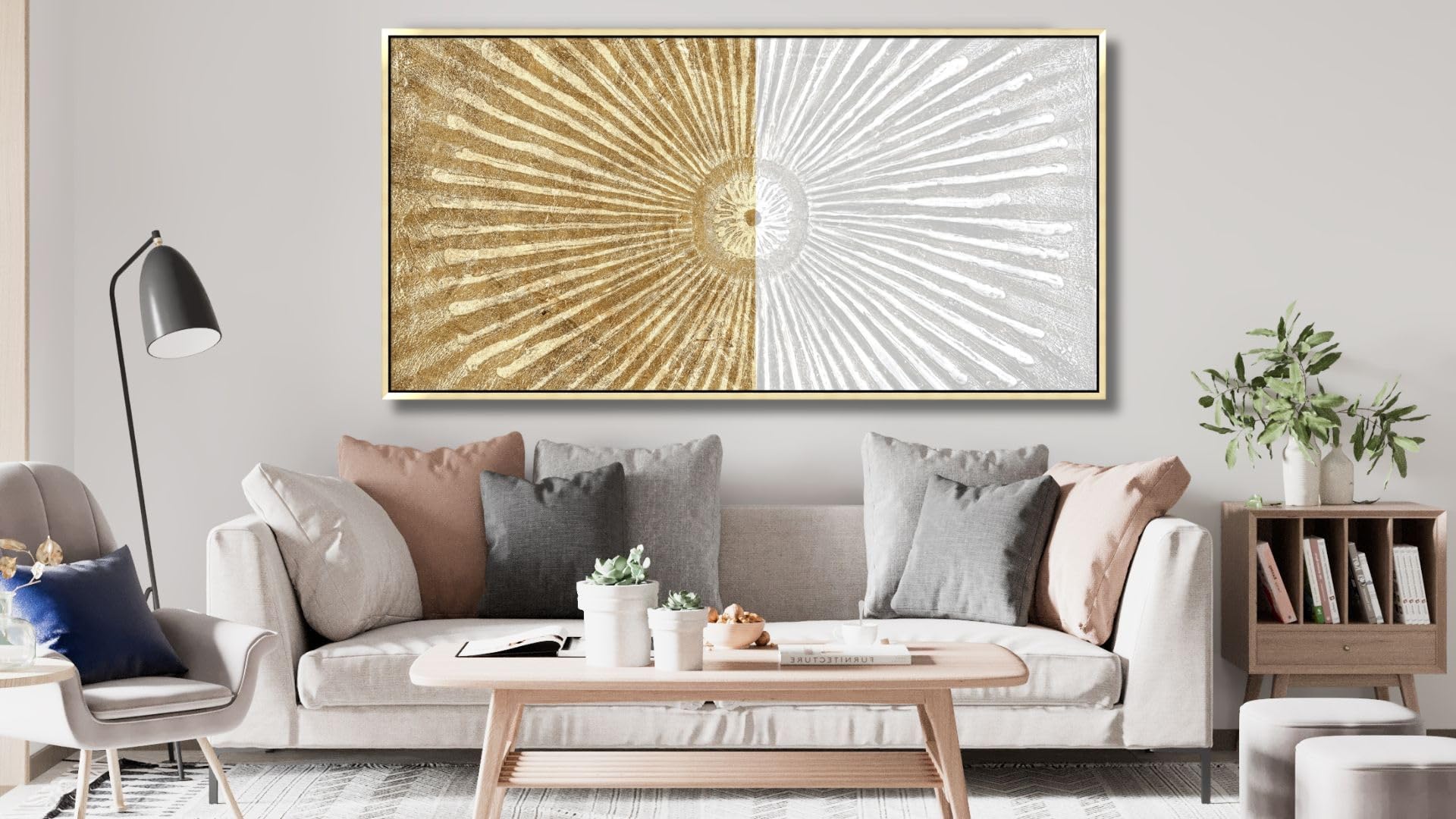 Abstract Modern White & Gold Symmetrical Line Framed Canvas Wall Art - 24