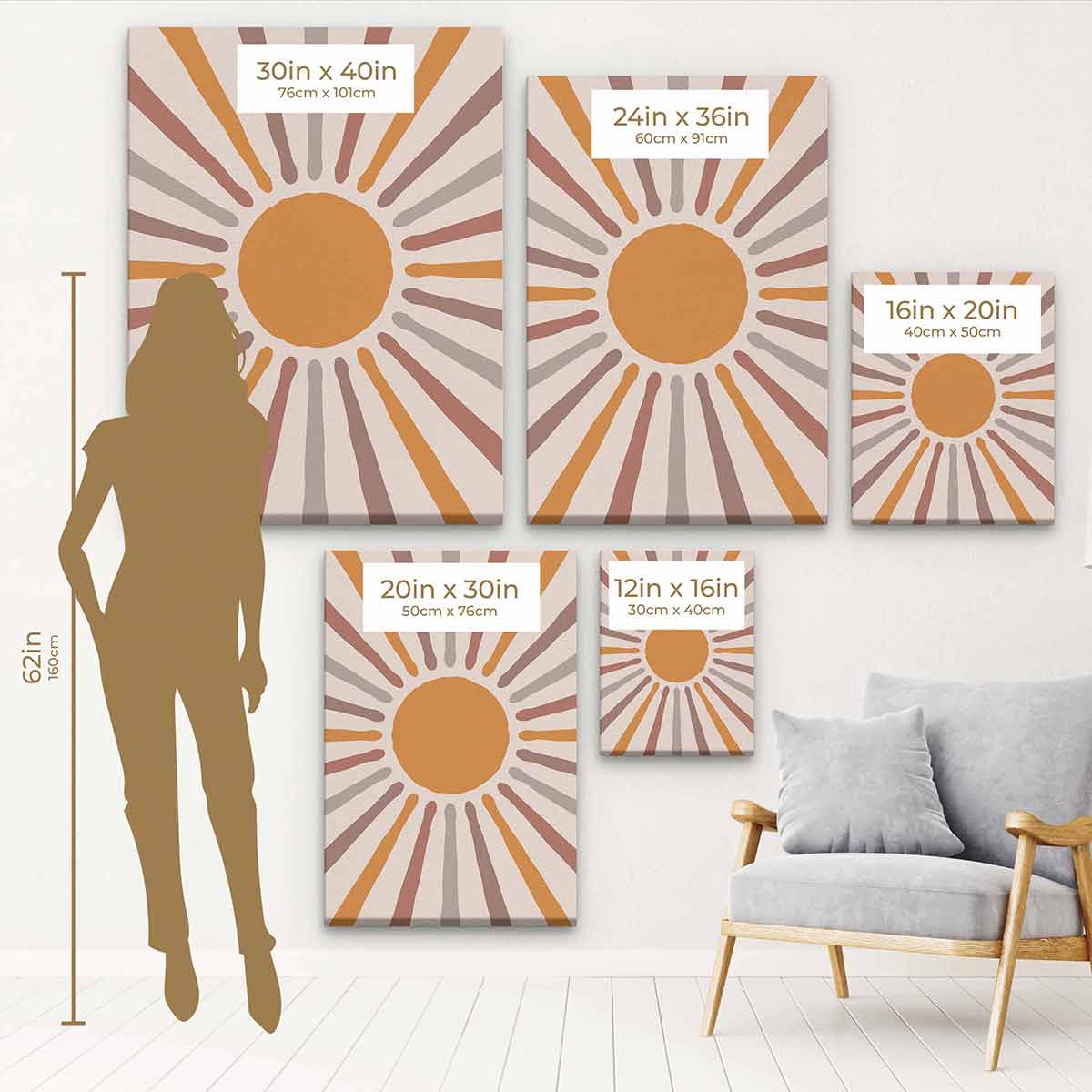 Brown Sun Wall Art Canvas Print - Modern Boho Decor for Living Room, Bedroom & Office - 3168