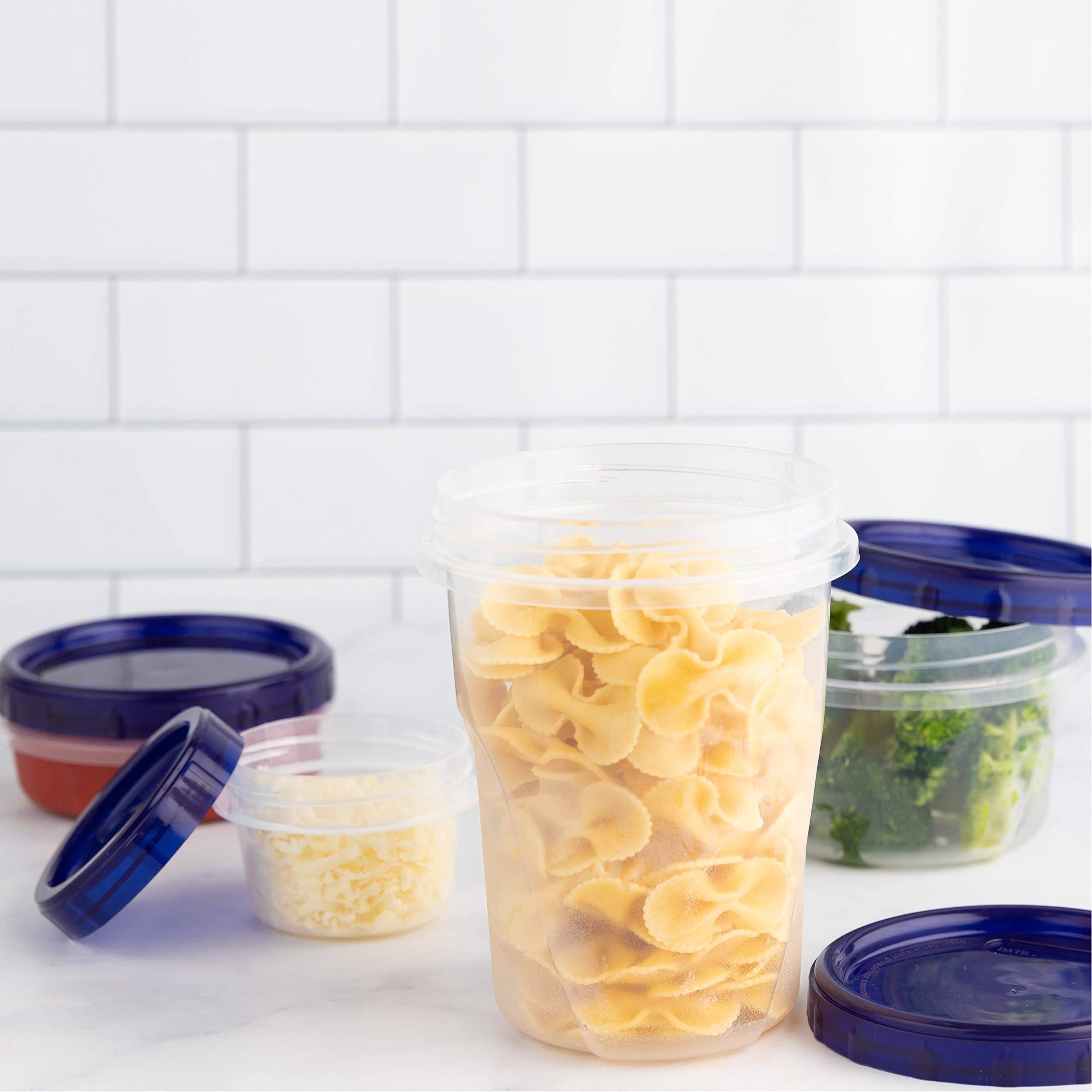 32 oz 3-Pack Clear Plastic Food Storage Containers with Blue Twist-On Lids - Reusable, Freezer Safe, Stackable Deli Containers for Meal Prep, Leftovers & Bulk Food Storage