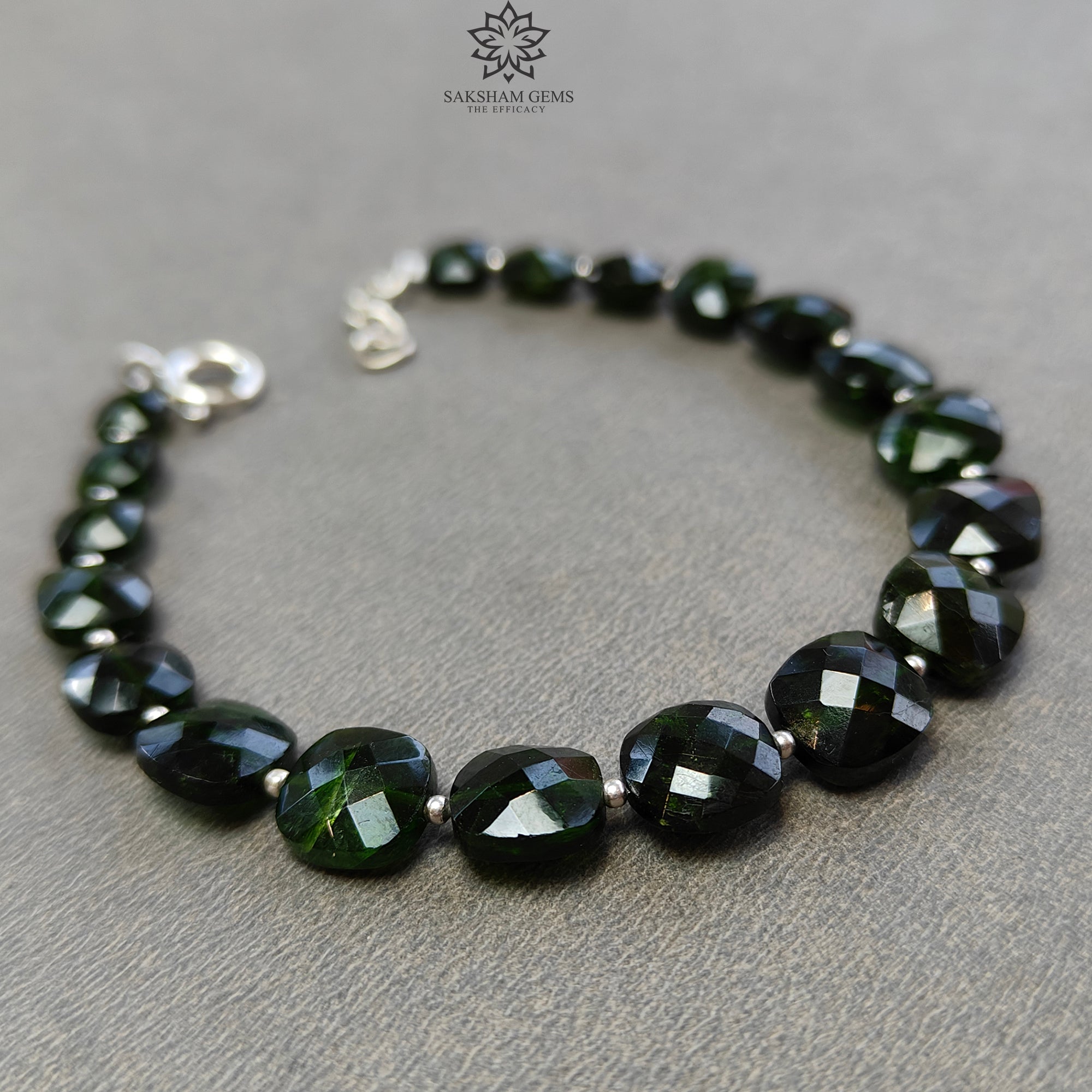 Chrome Diopside Gemstone Beads Bracelet - 8mm Green Checker Cut Beads with 925 Sterling Silver - 11.59gms Healing Crystal Jewelry for Meditation, Yoga & Spiritual Energy Balancing