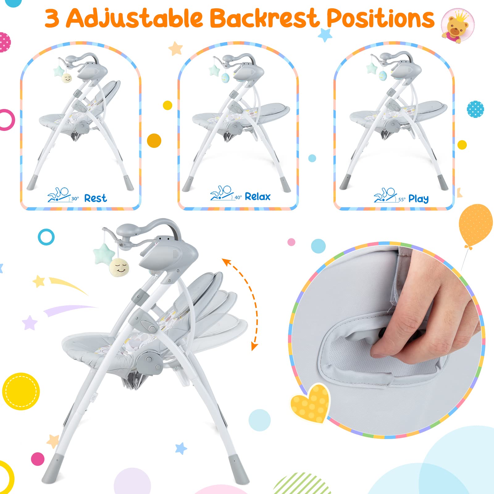 BABY JOY Baby Swing - Portable Electric Infant Rocker with 5 Speed Settings, 3-Position Recline, Timer & Soothing Sounds - Compact Nursery Swing for Newborns (Grey) | Perfect for Bedroom, Living Room & Travel