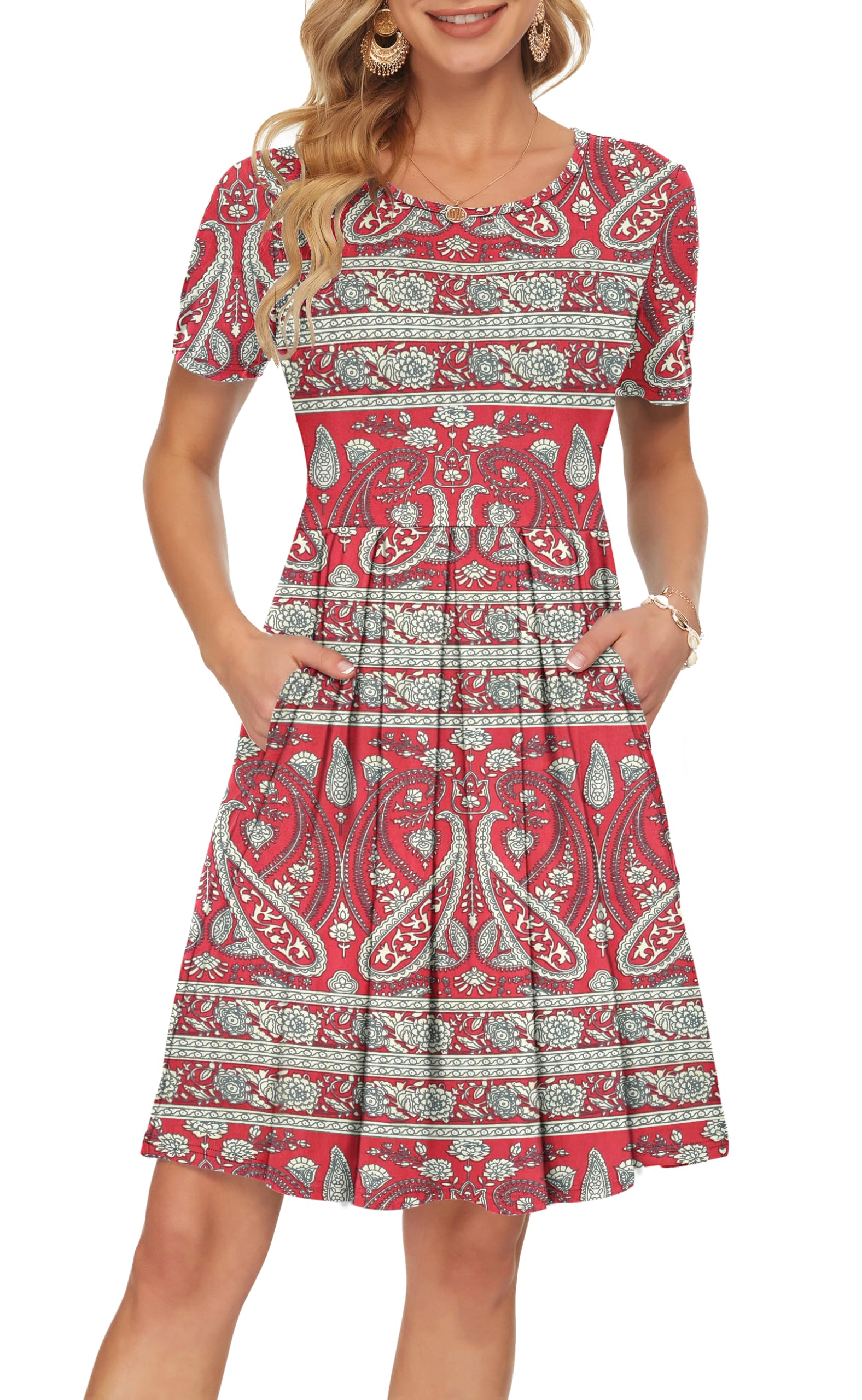 AUSELILY Women's Summer Short Sleeve Pleated Swing Dress - Loose Knee Length Dress with Pockets | Casual Beach Wear, Vacation Outfit, 2025 New Fashion Trend