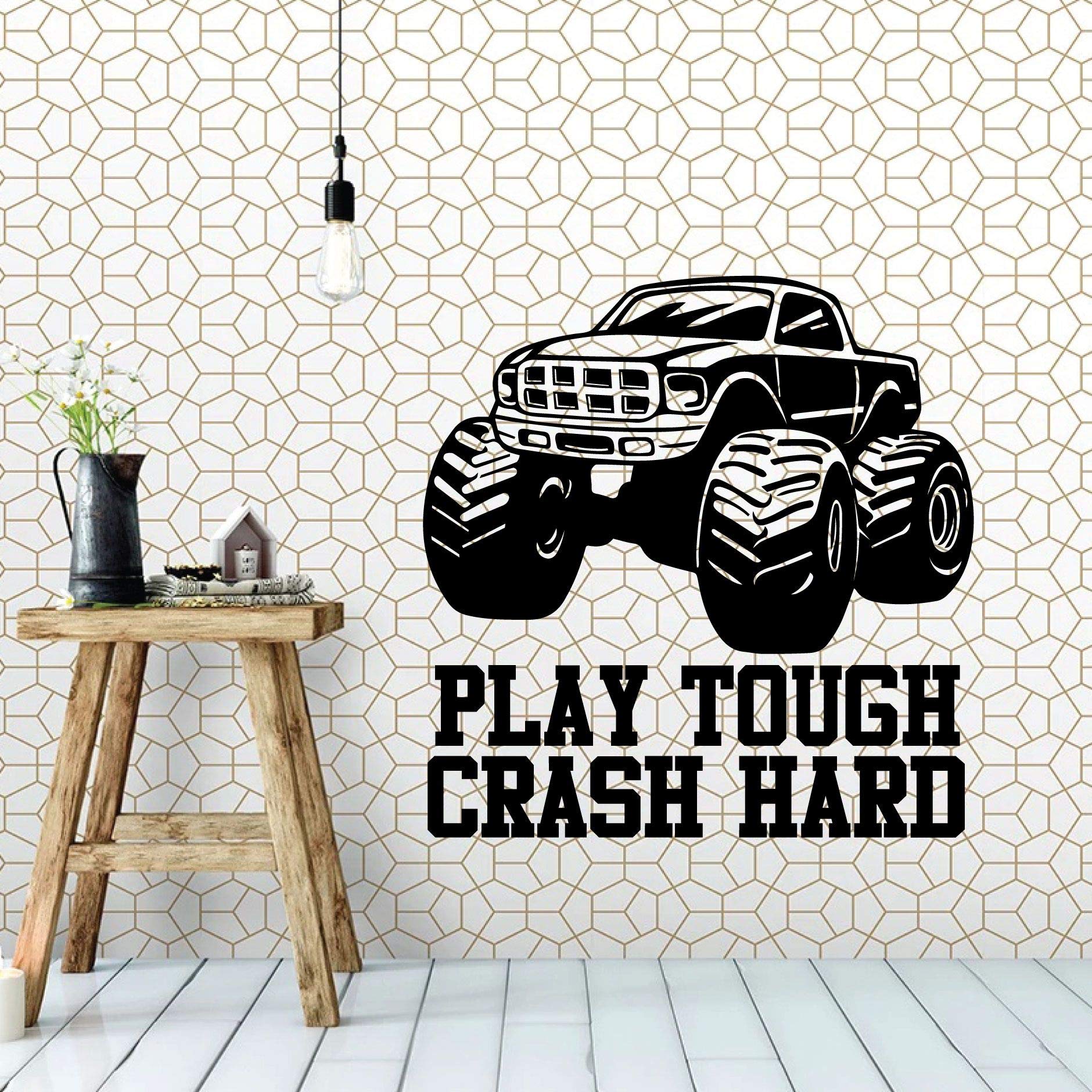 Monster Truck Wall Decals - 30x27 Inch Vinyl Stickers for Kids Room, Nursery, Bedroom & Kindergarten - Play Tough Crash Hard Toy Car Art Decor - Durable & Easy to Apply Wall Art for Boys & Girls