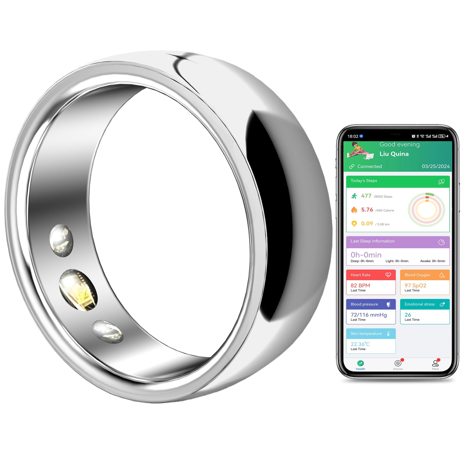 Smart Ring Health Tracker with App - Fitness & Sleep Monitor for Men & Women - Wireless Charging, Blood Pressure, Heart Rate & Step Counter (Silver, US Size 10) - Perfect for Workouts, Sleep Tracking & Daily Activity Monitoring