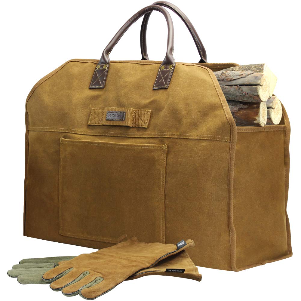 INNO STAGE Firewood Log Carrier Bag - Waxed Canvas Tote Holder with Leather Gloves for Fireplace, Camping & BBQ | Durable Outdoor Firewood Storage for Hauling Wood, Kindling & Hay