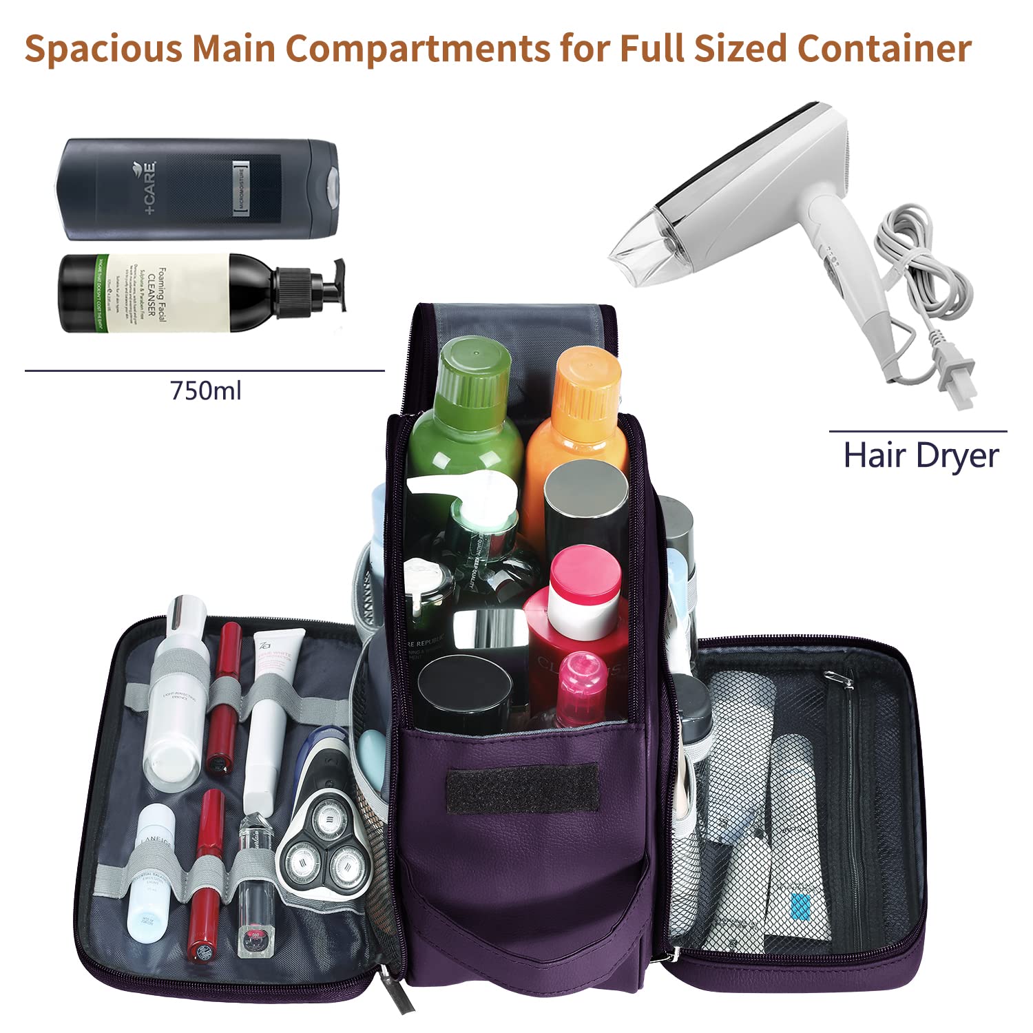 Buruis Large Waterproof Travel Toiletry Bag for Men & Women - PU Leather Cosmetic Organizer, Dopp Kit & Shaving Bag for Bathroom Essentials (Purple) - Perfect for Business Trips, Vacations & Gym Use